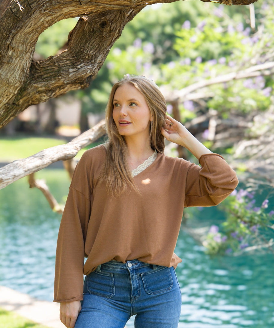 Women's Brown Lace Trim V-Neck Top | Oversized Fit | High Stretch | 96% Polyester