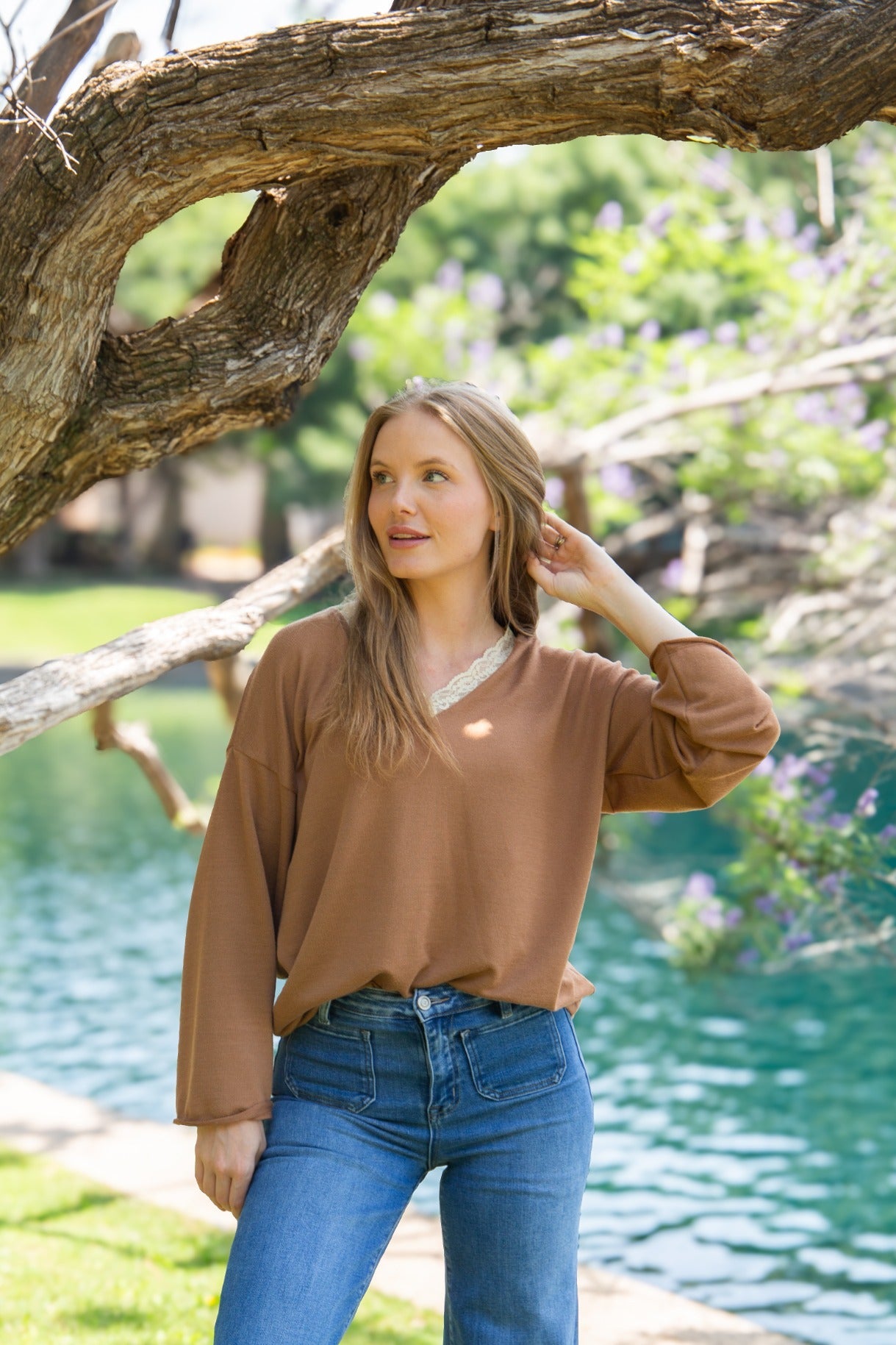 Women's Brown Lace Trim V-Neck Top | Oversized Fit | High Stretch | 96% Polyester