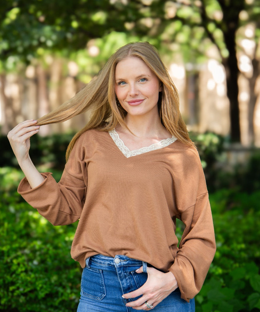 Women's Brown Lace Trim V-Neck Top | Oversized Fit | High Stretch | 96% Polyester