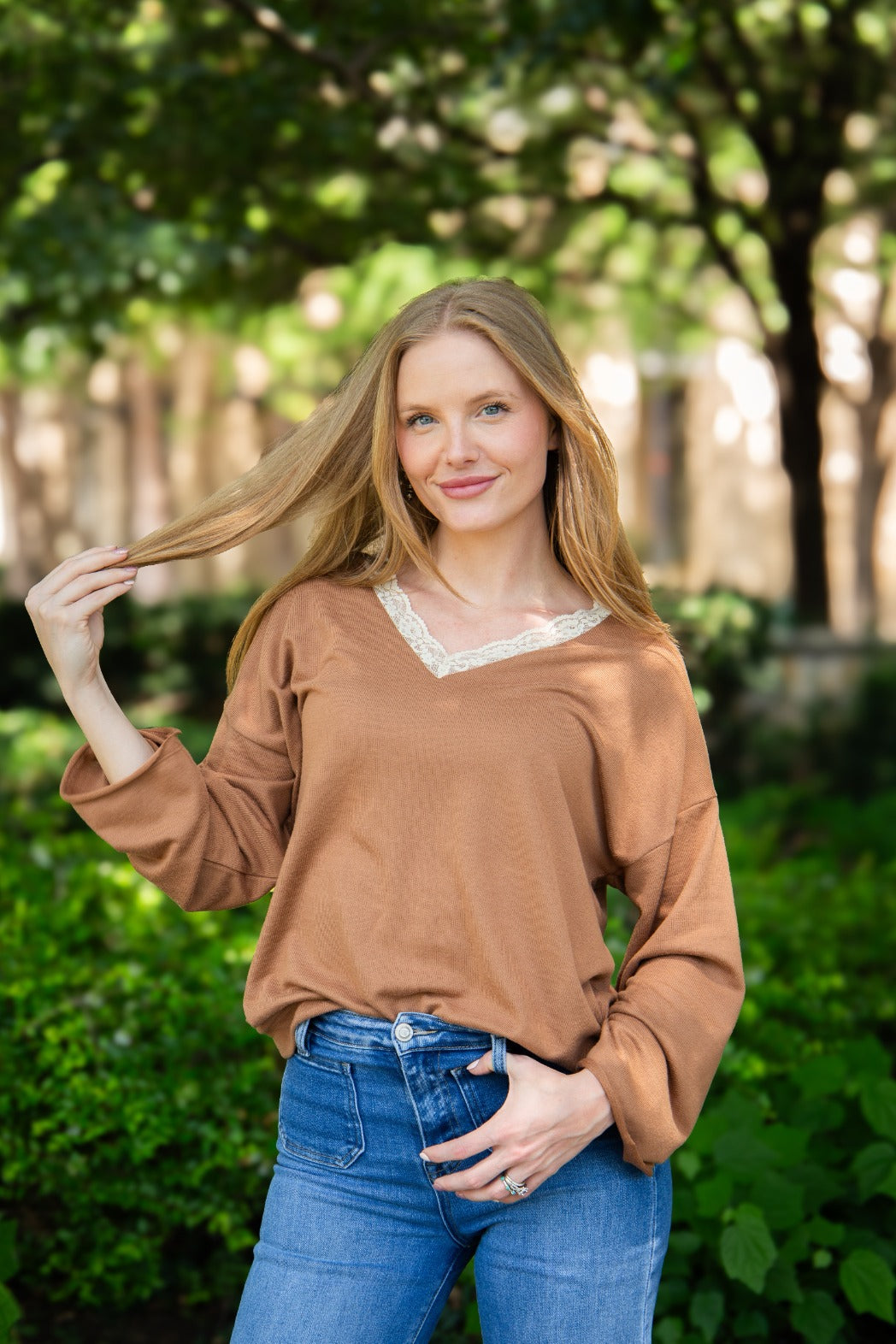Women's Brown Lace Trim V-Neck Top | Oversized Fit | High Stretch | 96% Polyester