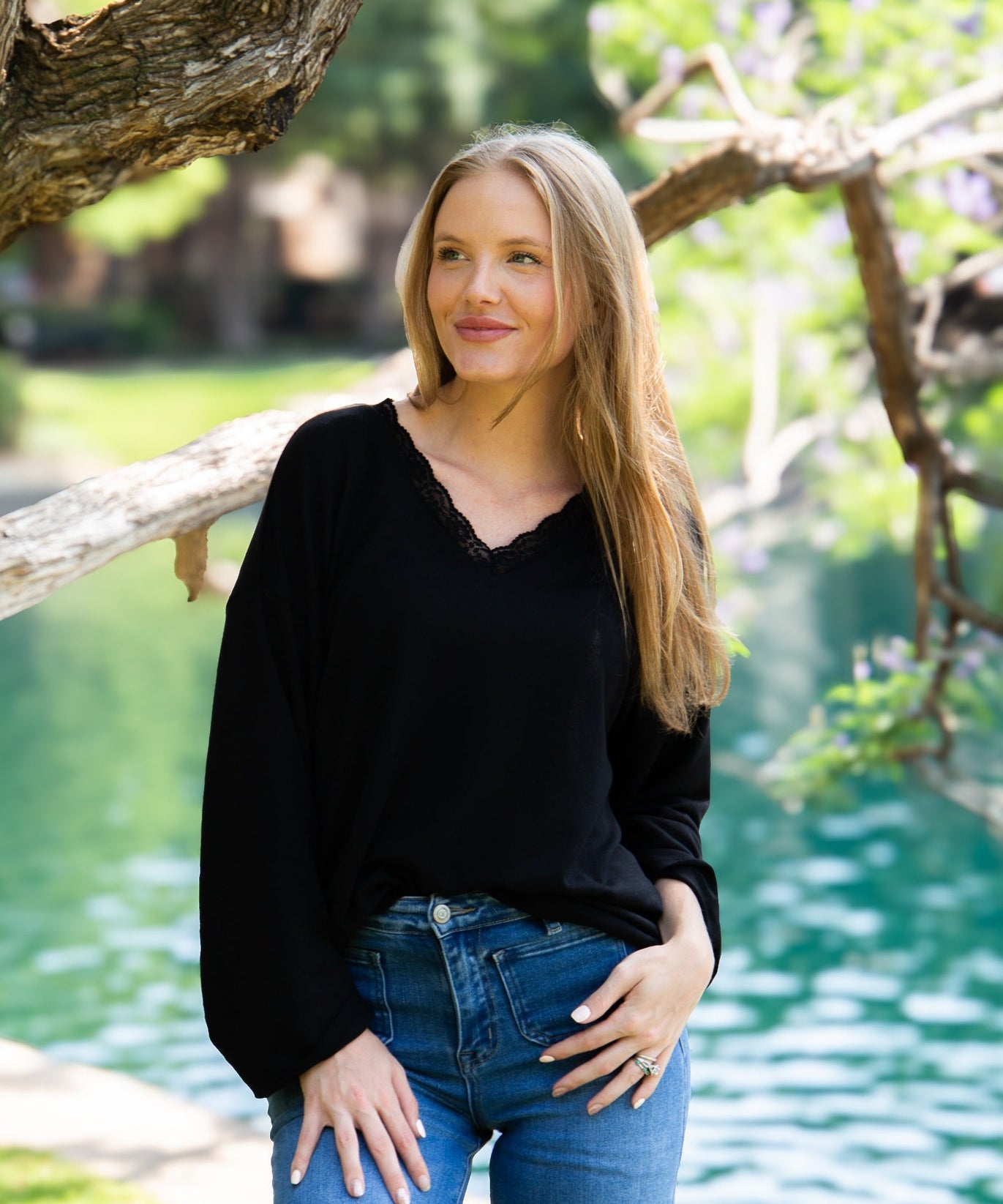 Women's Black Lace Trim V-Neck Top | Oversized Fit | High Stretch | 96% Polyester