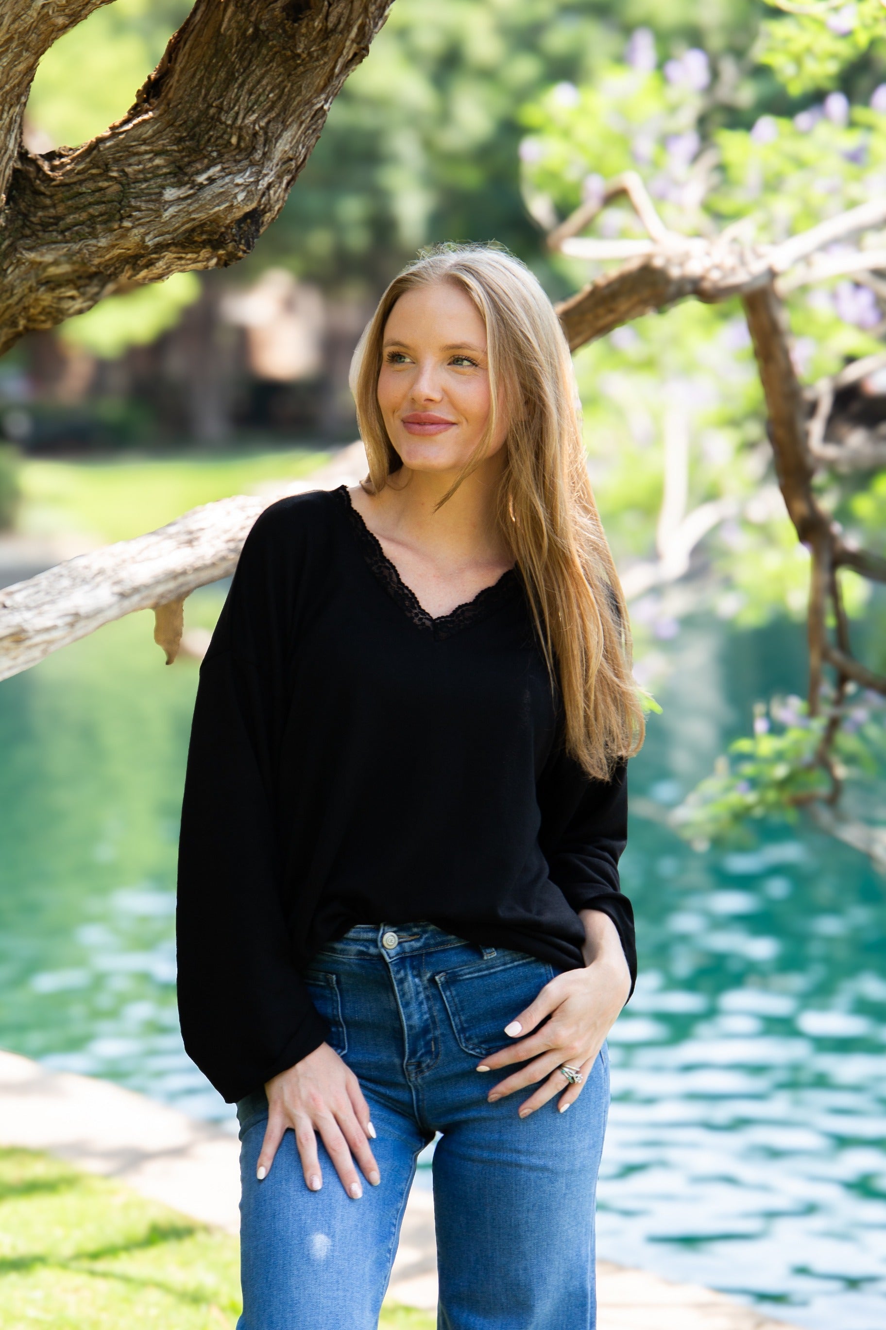 Women's Black Lace Trim V-Neck Top | Oversized Fit | High Stretch | 96% Polyester