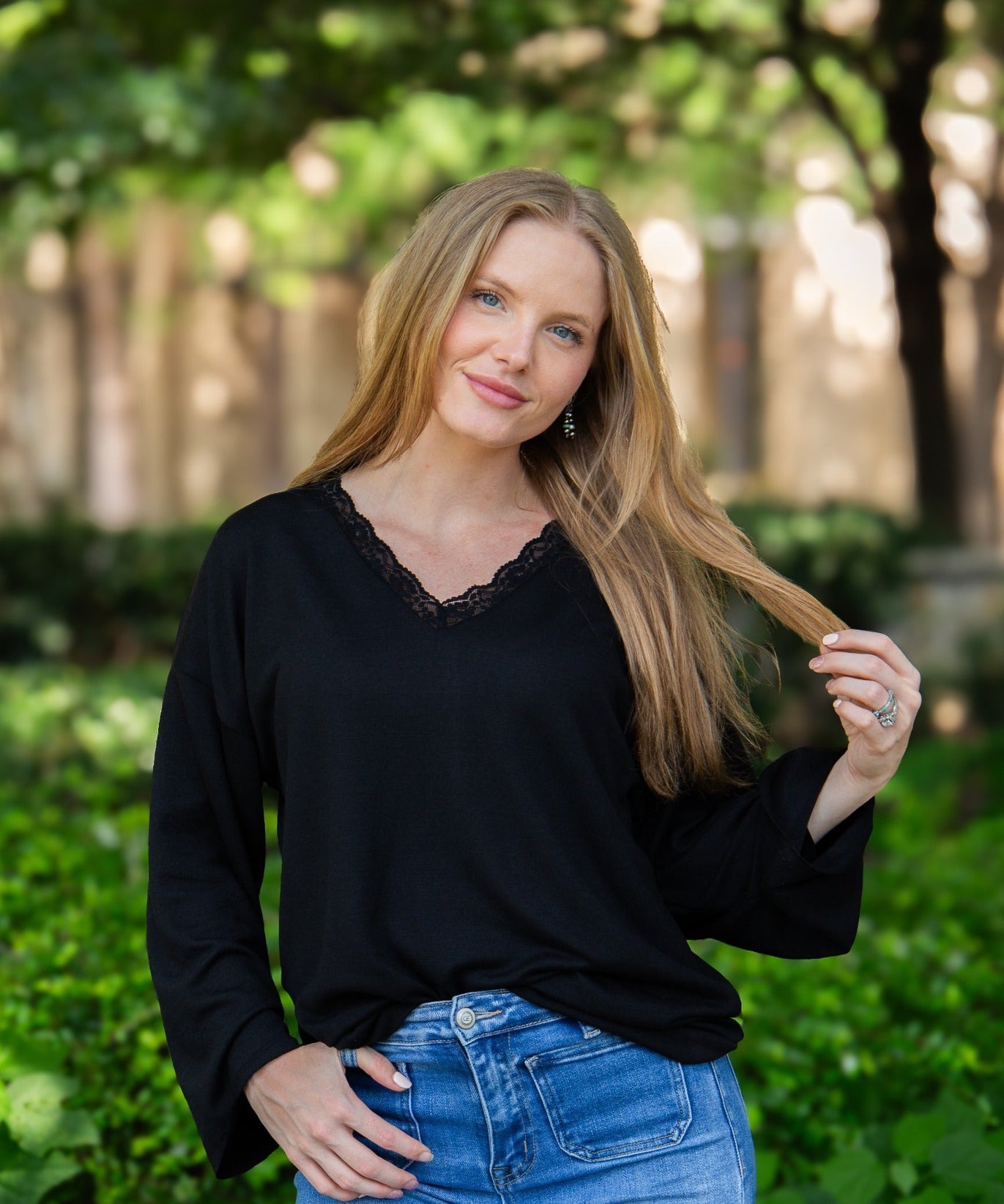 Women's Black Lace Trim V-Neck Top | Oversized Fit | High Stretch | 96% Polyester
