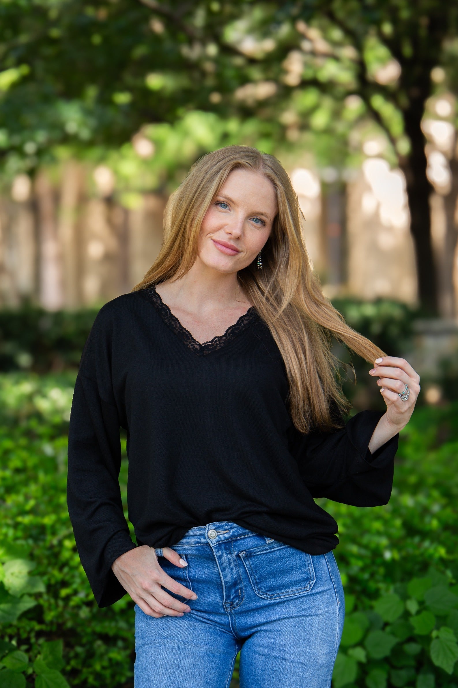 Women's Black Lace Trim V-Neck Top | Oversized Fit | High Stretch | 96% Polyester