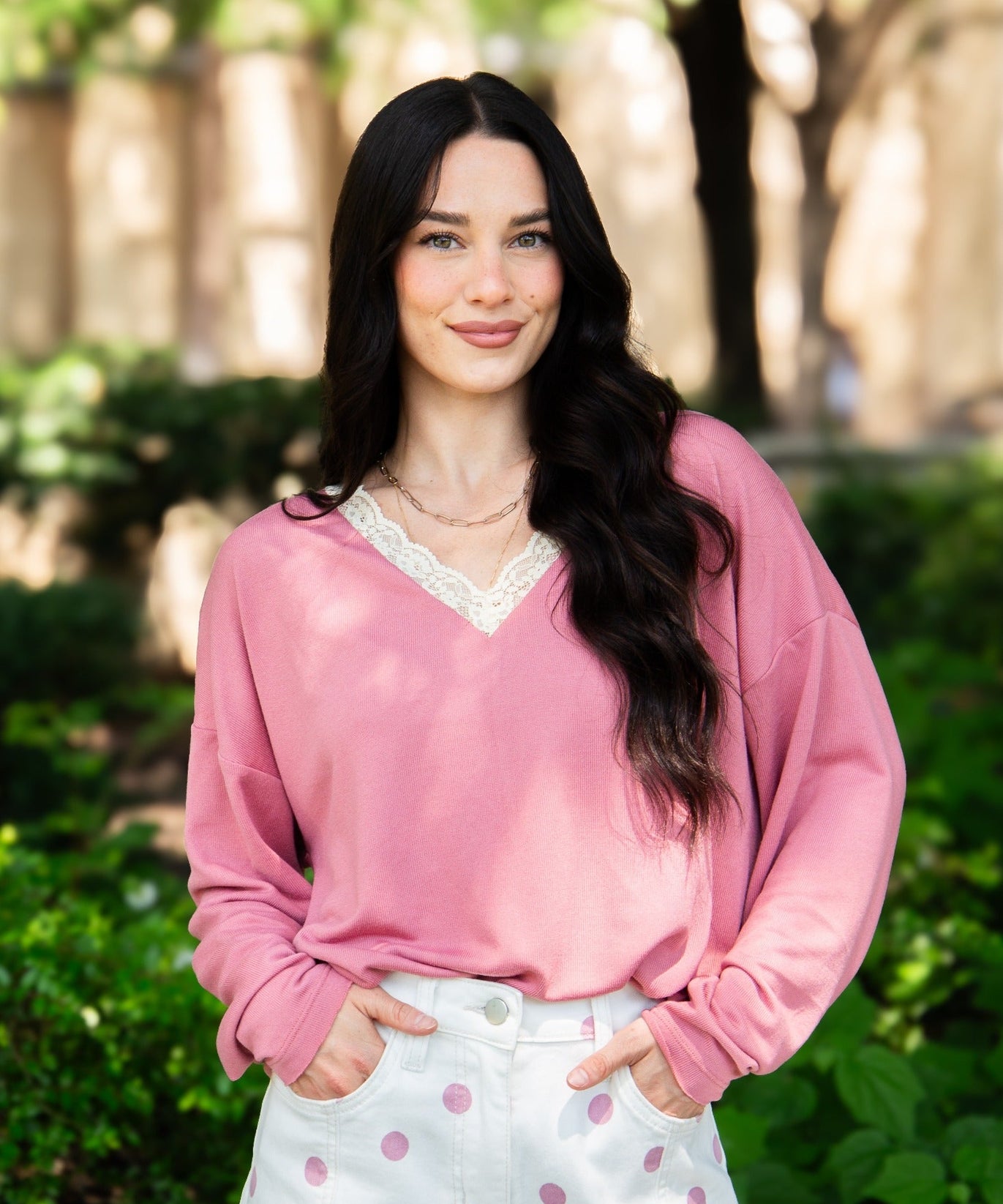Women's Dusty Rose Lace Trim V-Neck Top | Oversized Fit | High Stretch | 96% Polyester