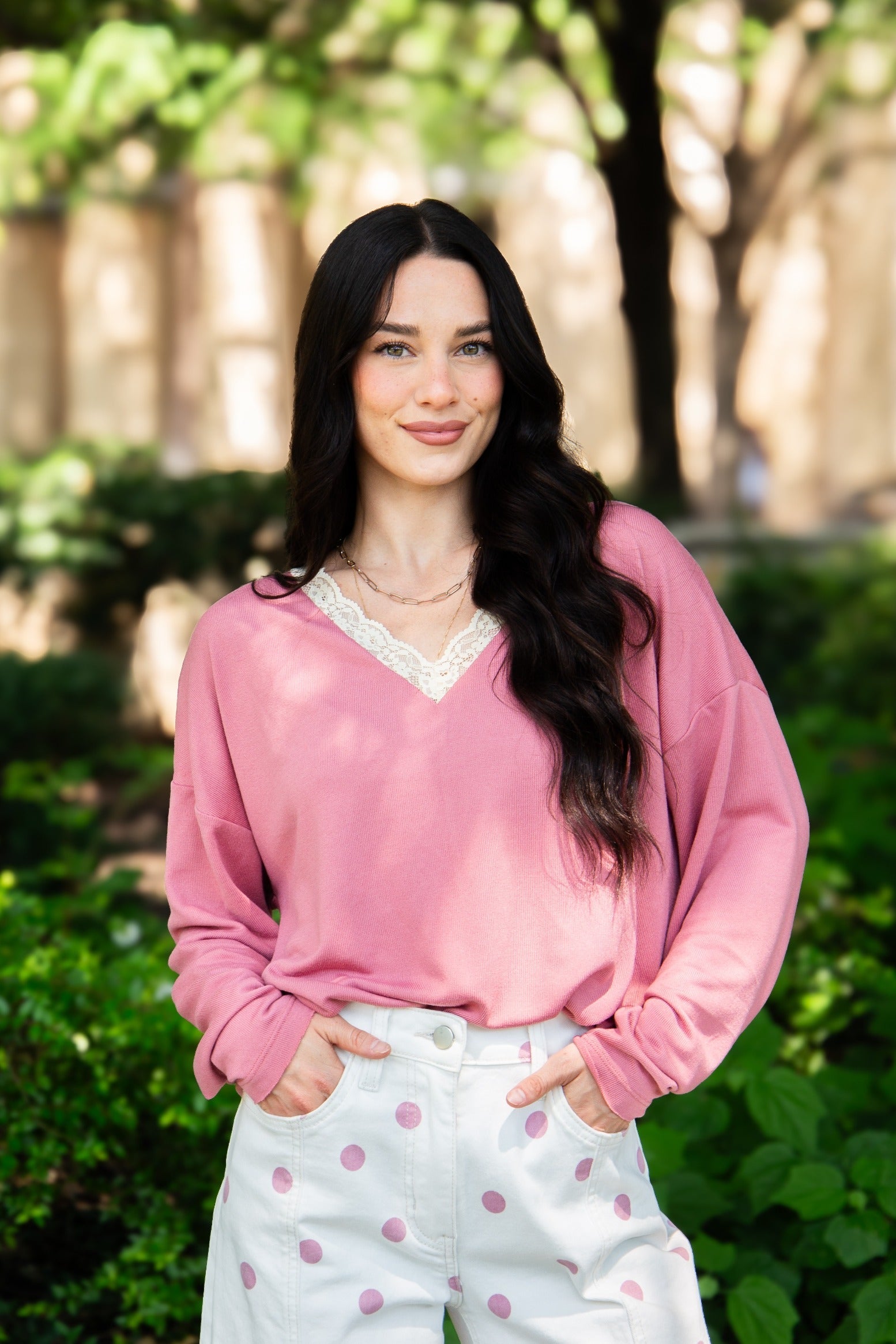 Women's Dusty Rose Lace Trim V-Neck Top | Oversized Fit | High Stretch | 96% Polyester