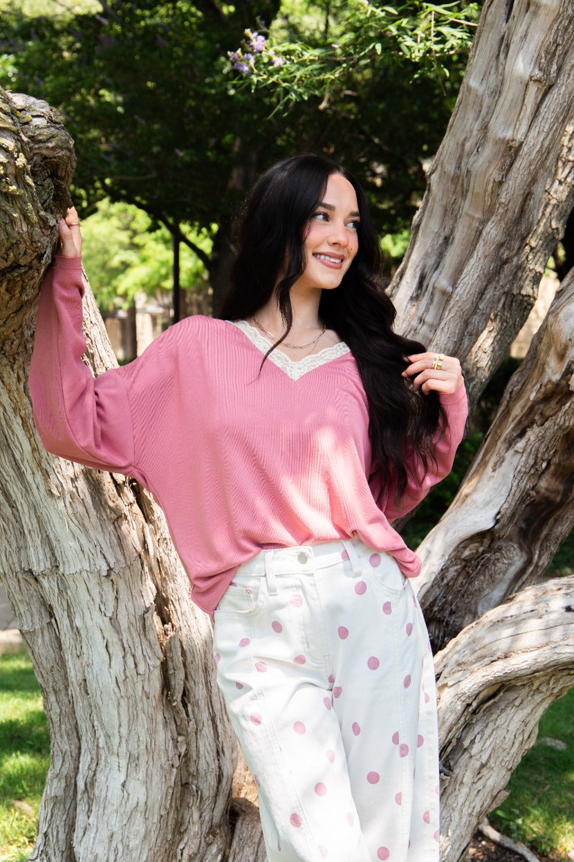 Women's Dusty Rose Lace Trim V-Neck Top | Oversized Fit | High Stretch | 96% Polyester