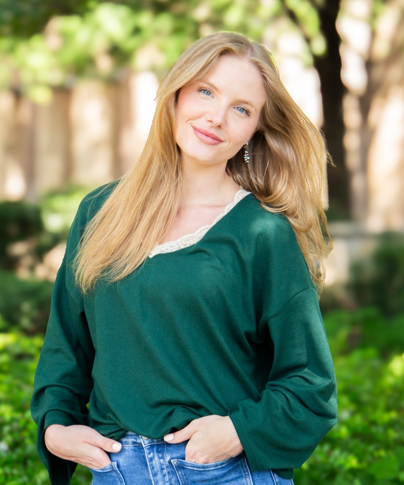 Women's Forest Green Lace Trim V-Neck Top | Oversized Fit | High Stretch | 96% Polyester