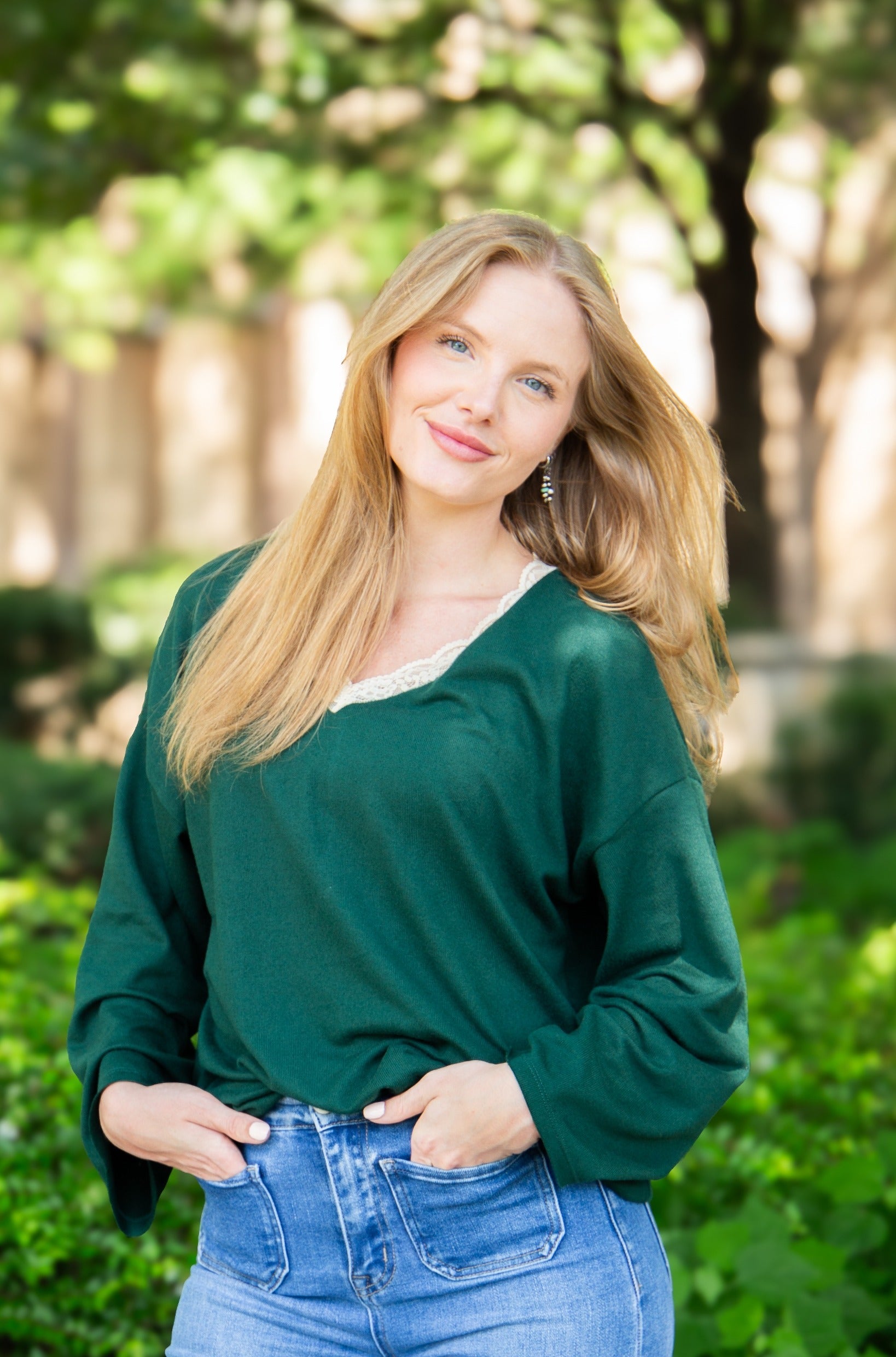 Women's Forest Green Lace Trim V-Neck Top | Oversized Fit | High Stretch | 96% Polyester