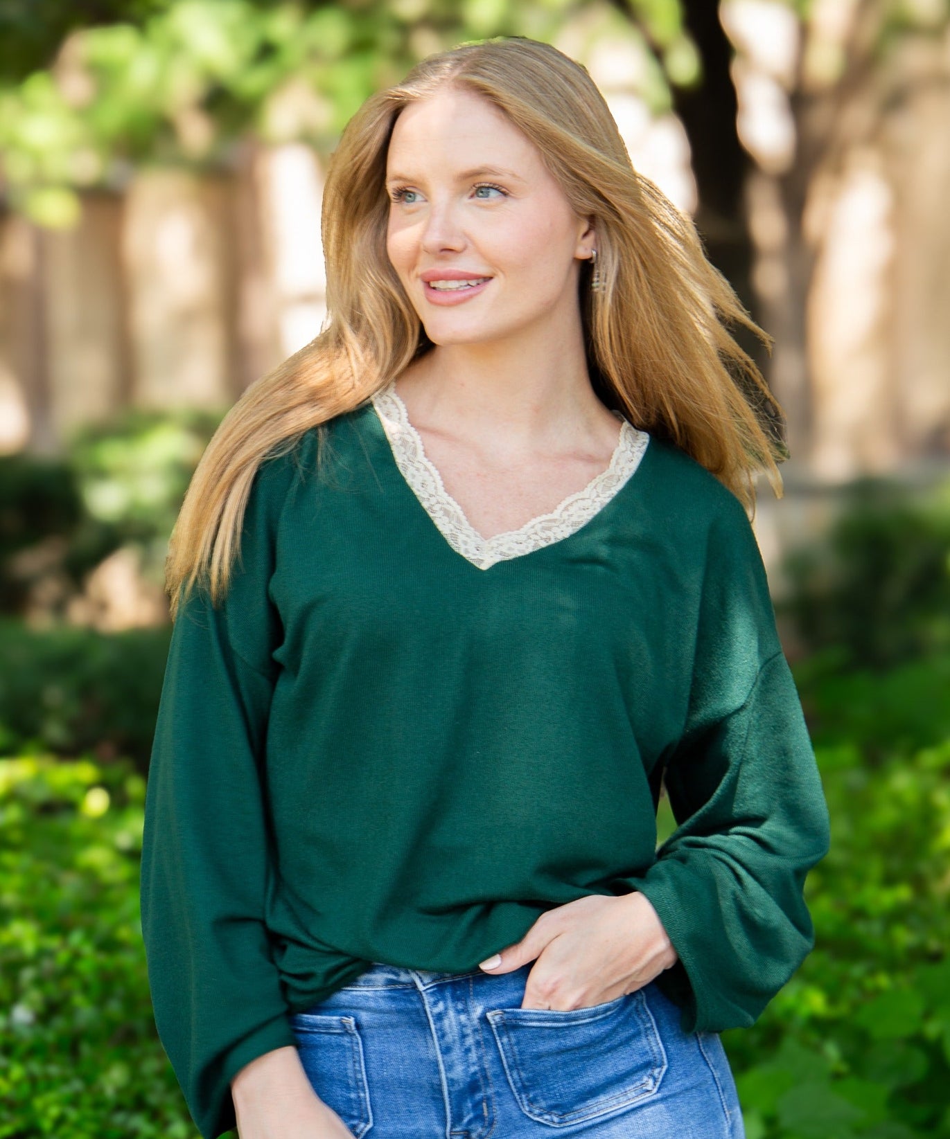 Women's Forest Green Lace Trim V-Neck Top | Oversized Fit | High Stretch | 96% Polyester