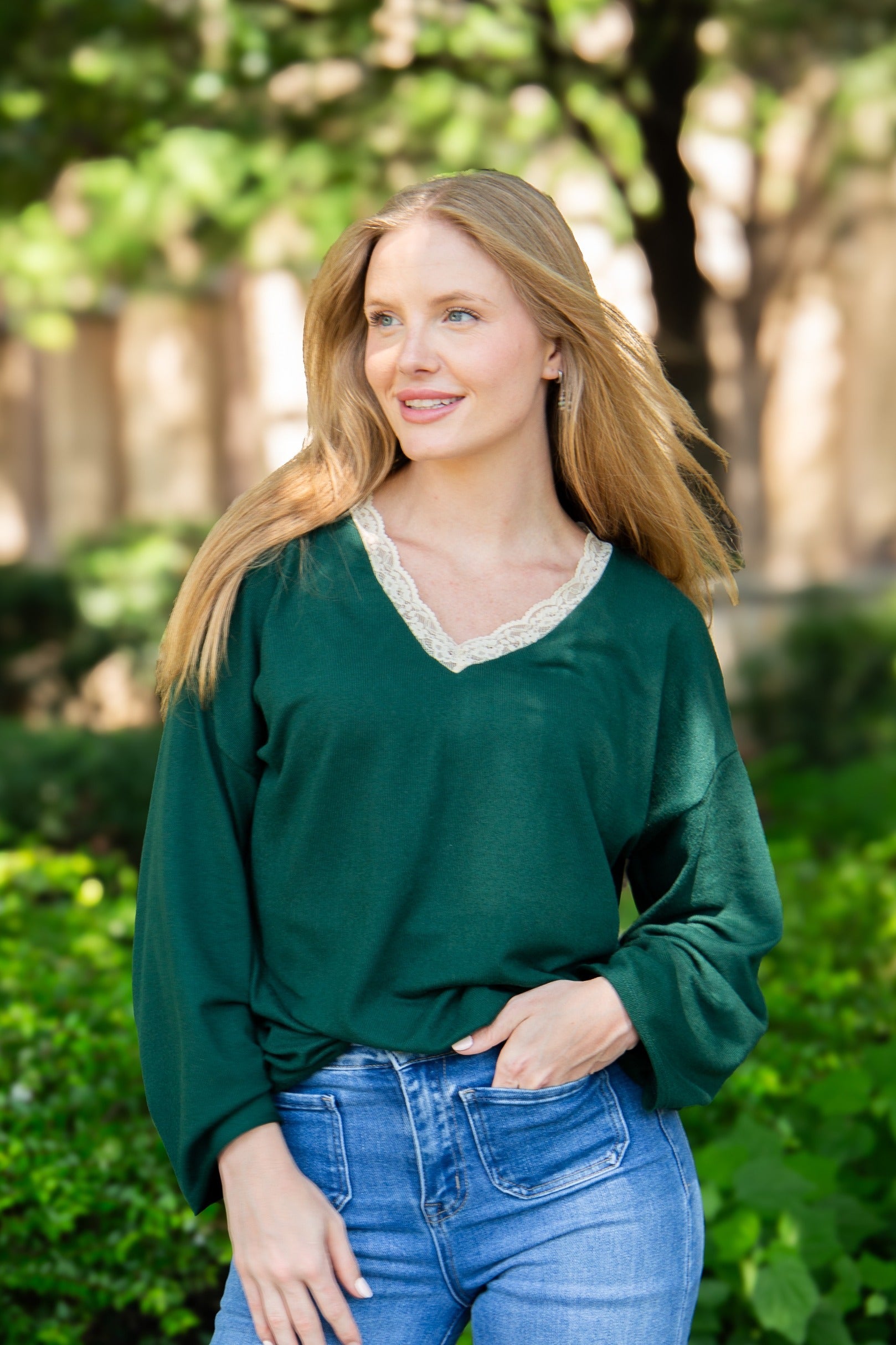 Women's Forest Green Lace Trim V-Neck Top | Oversized Fit | High Stretch | 96% Polyester