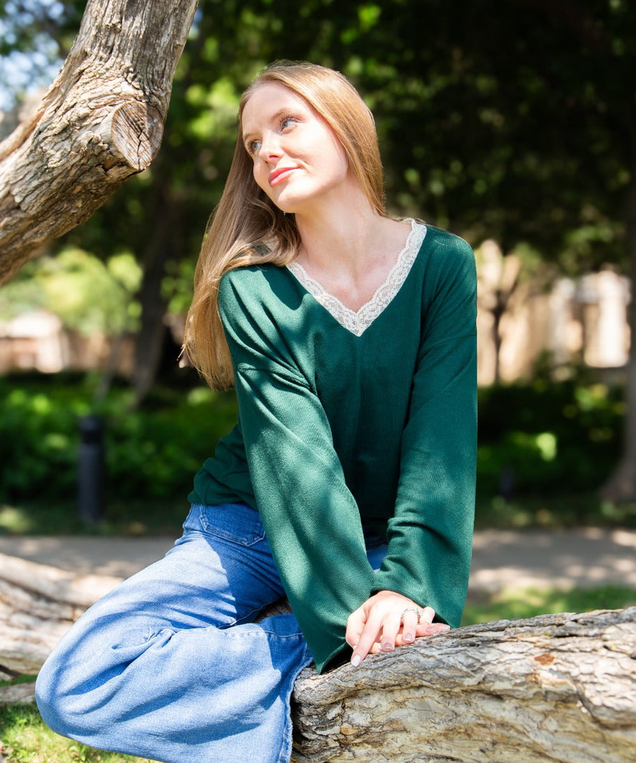 Women's Forest Green Lace Trim V-Neck Top | Oversized Fit | High Stretch | 96% Polyester