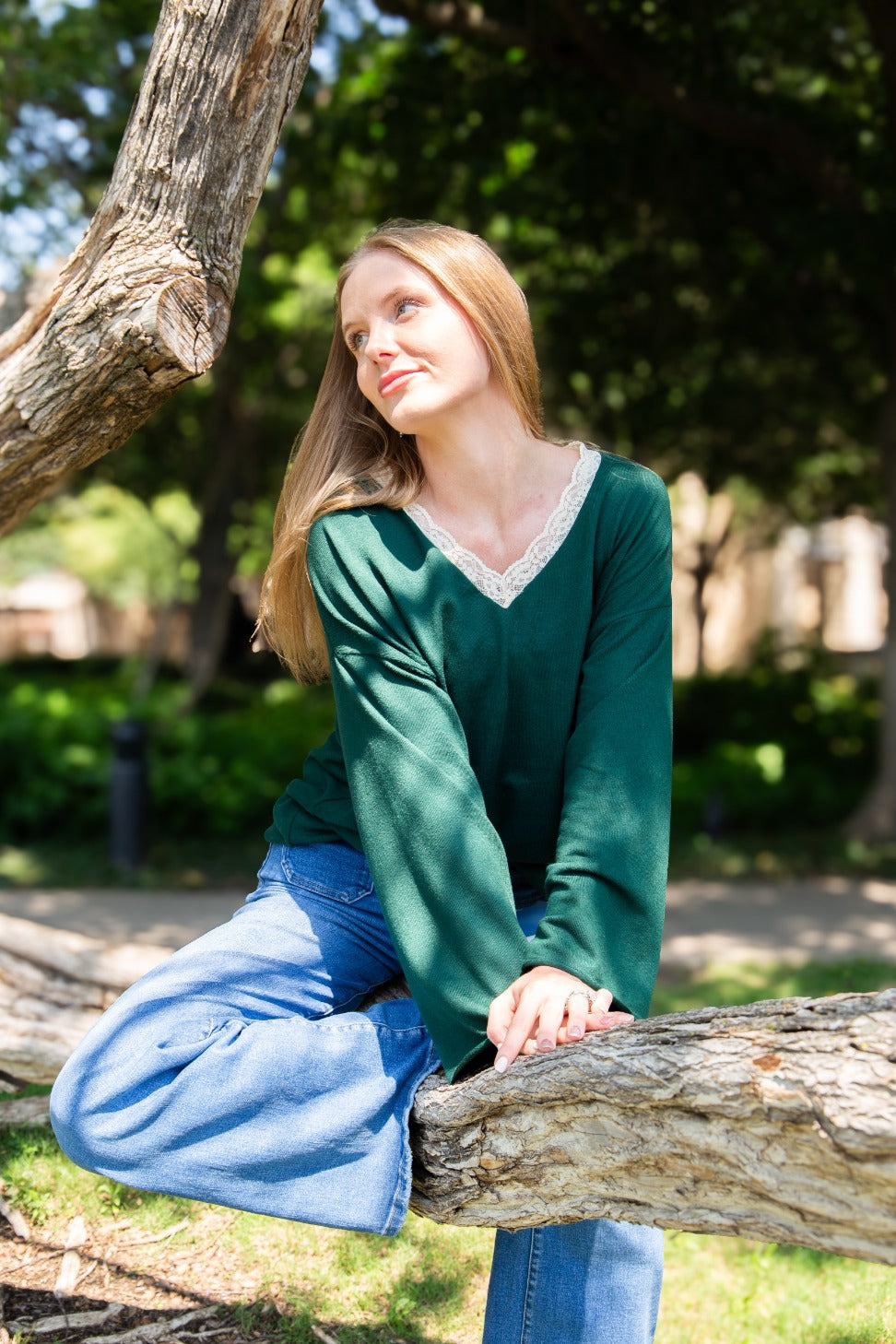 Women's Forest Green Lace Trim V-Neck Top | Oversized Fit | High Stretch | 96% Polyester