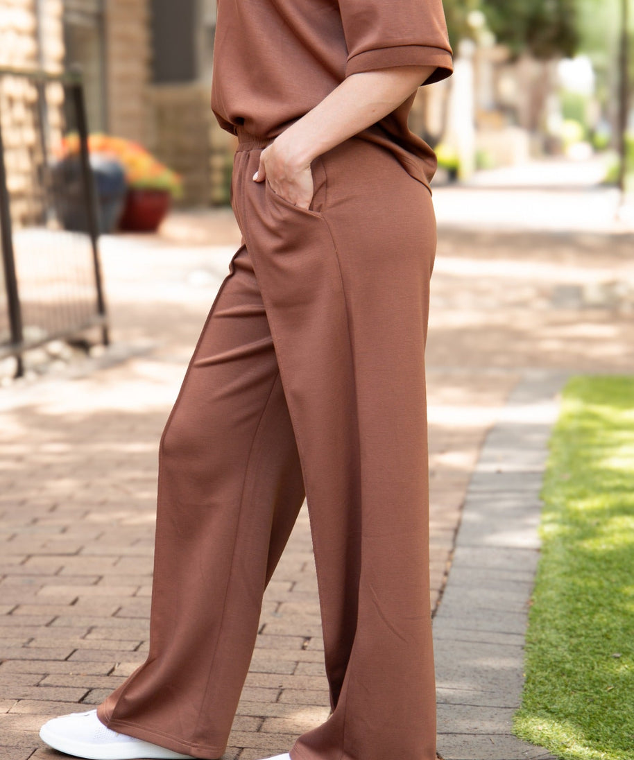 Women's Brown Butter Soft Wide Leg Pants | Elastic Waist | Pockets | 55% Rayon