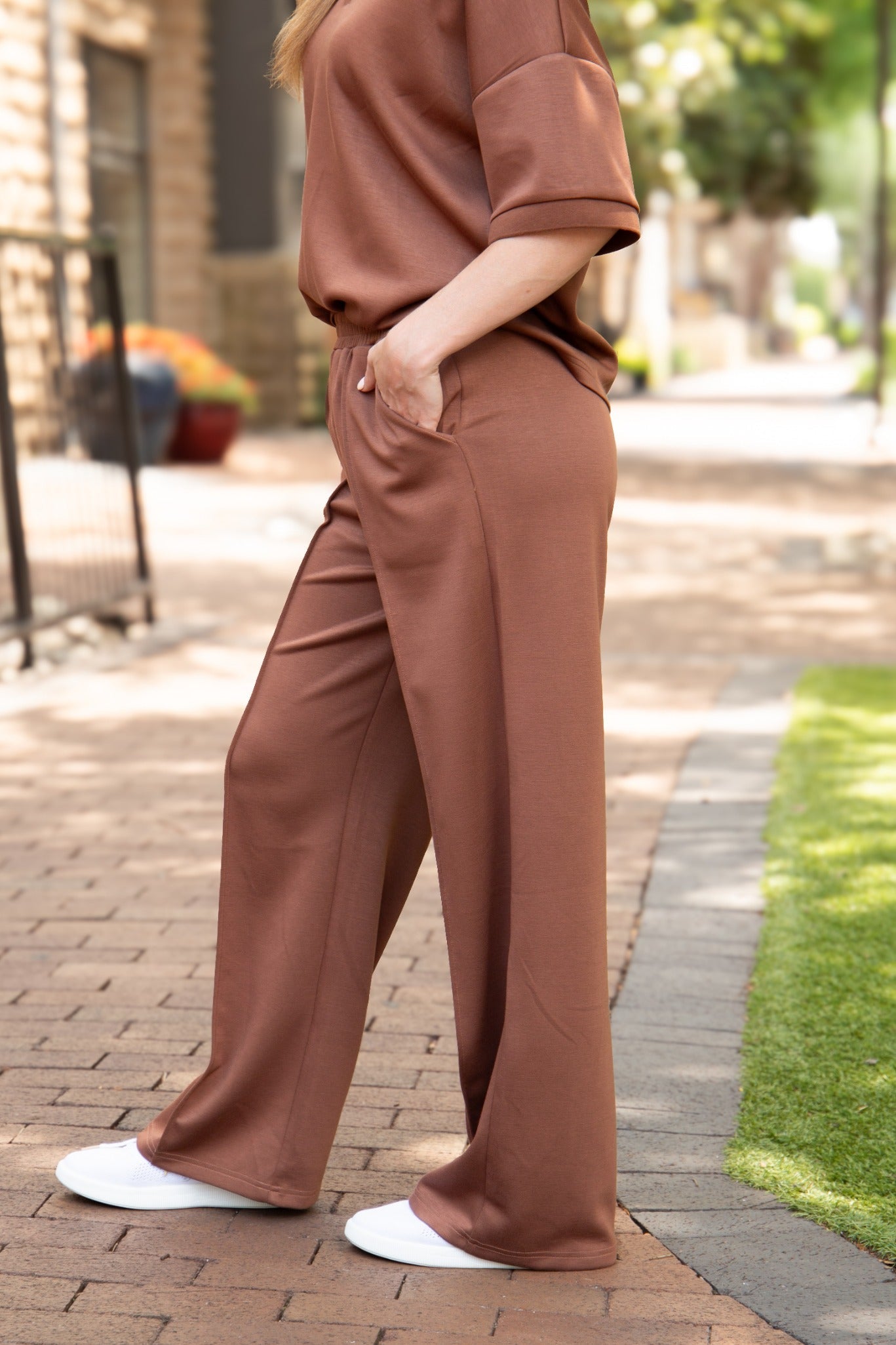 Women's Brown Butter Soft Wide Leg Pants | Elastic Waist | Pockets | 55% Rayon