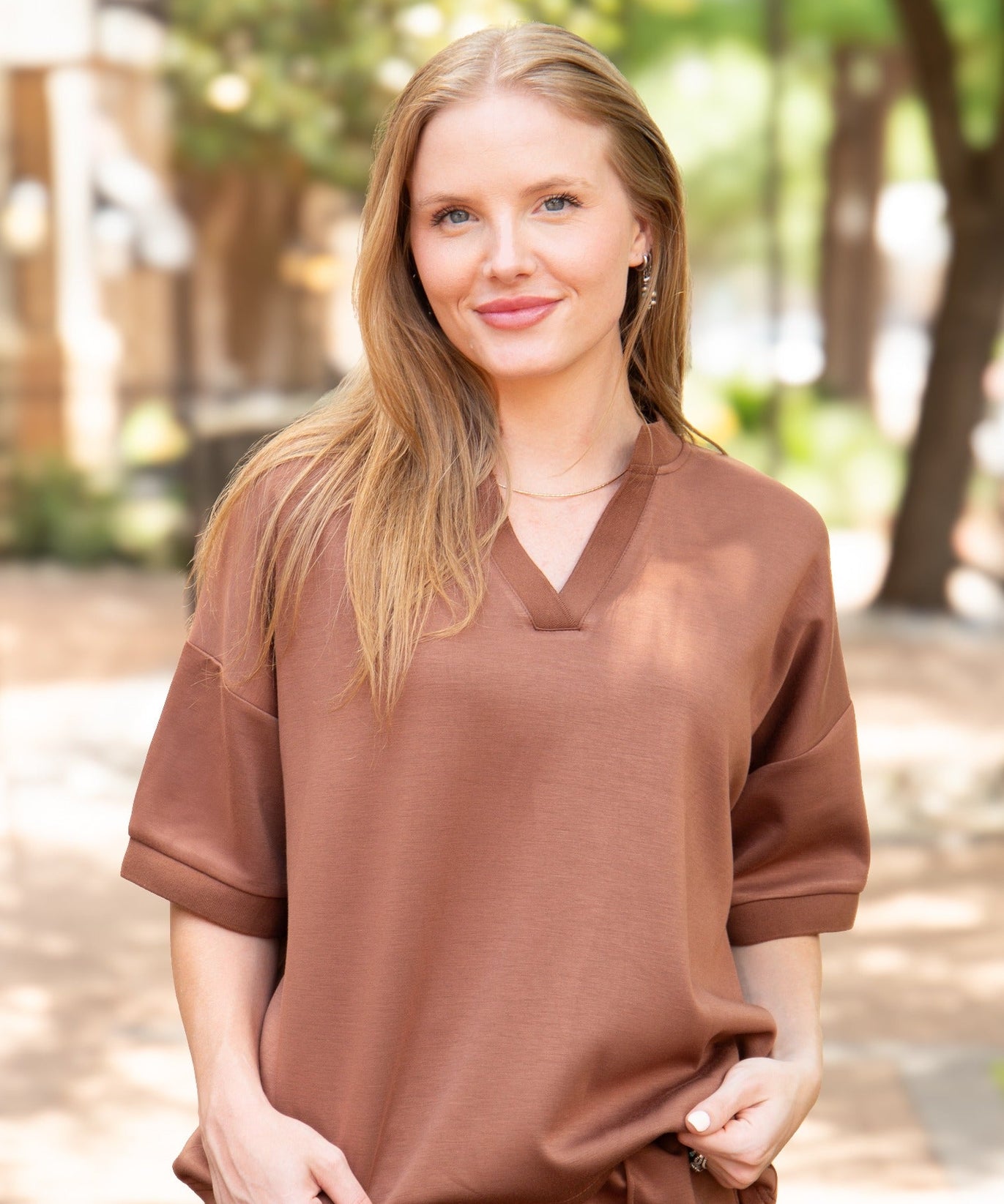 Butter Soft V-Neck Top for Women – Relaxed Fit, Drawstring Waist, Brown