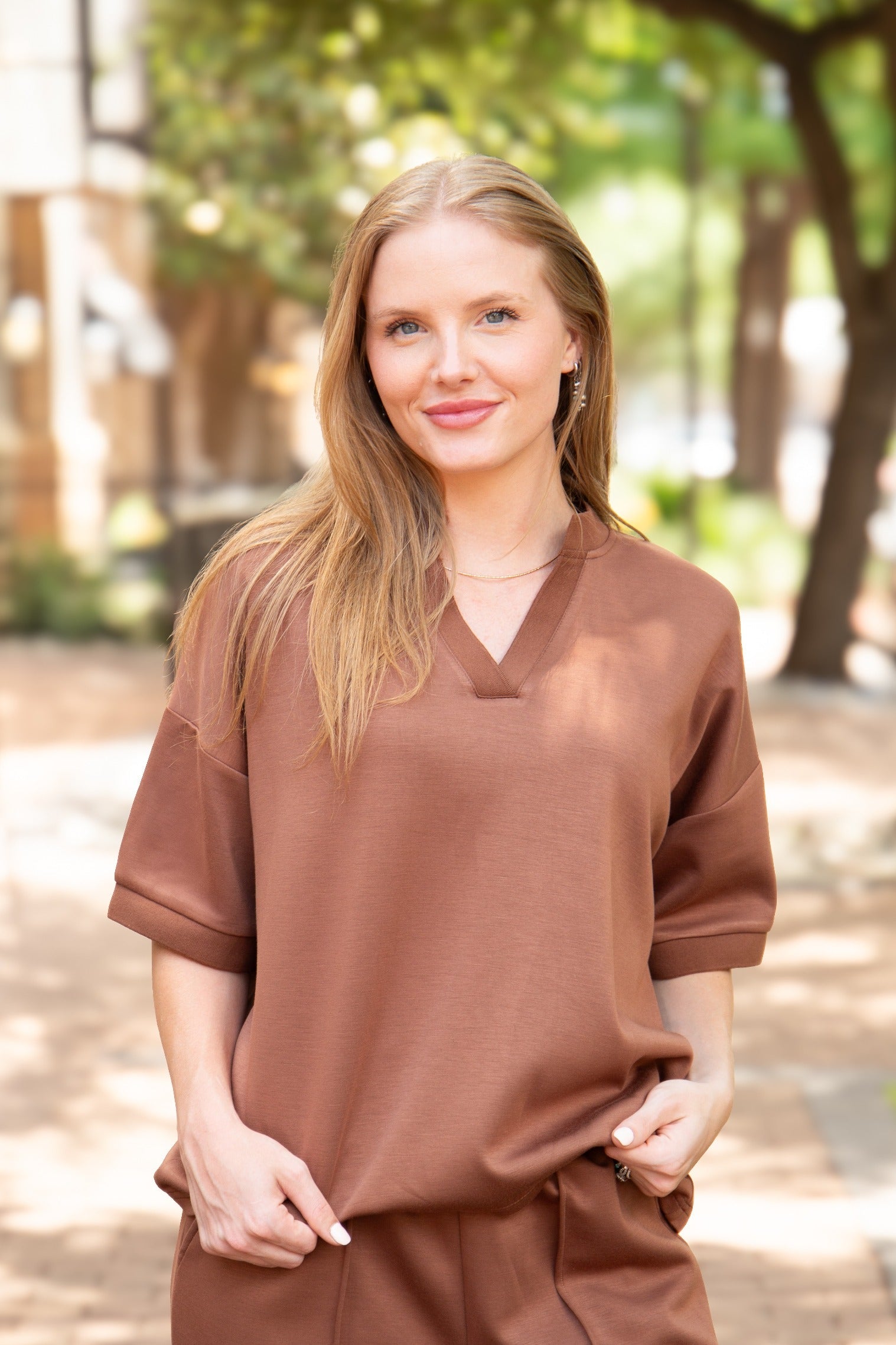 Butter Soft V-Neck Top for Women – Relaxed Fit, Drawstring Waist, Brown