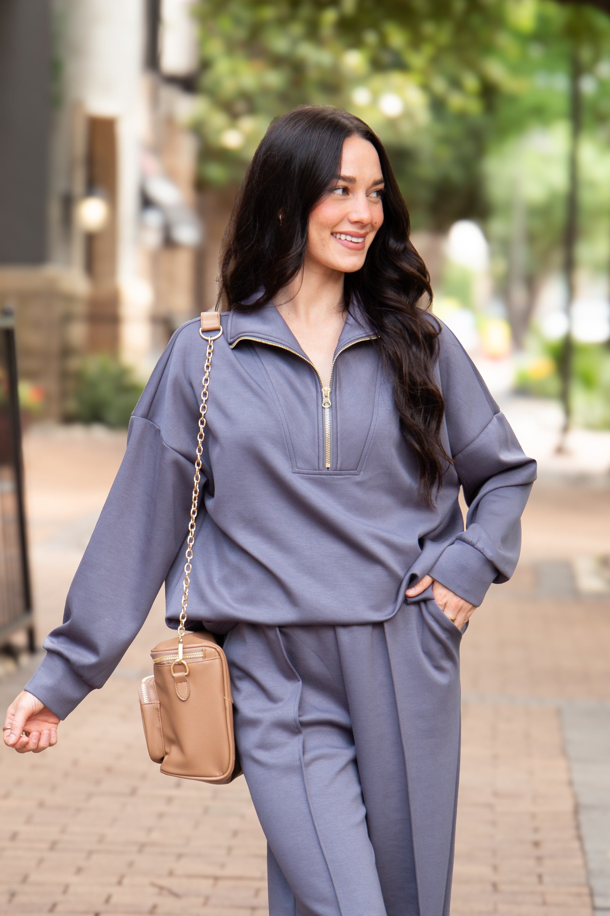 Butter Soft Quarter-Zip Pullover for Women – Oversized, Drop Shoulder, Slate Blue