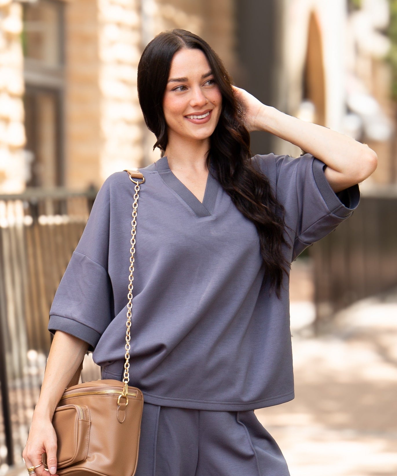 Women's Slate Blue Butter Soft V-Neck Top | Drawstring Waist | Ribbed Detail | 55% Rayon