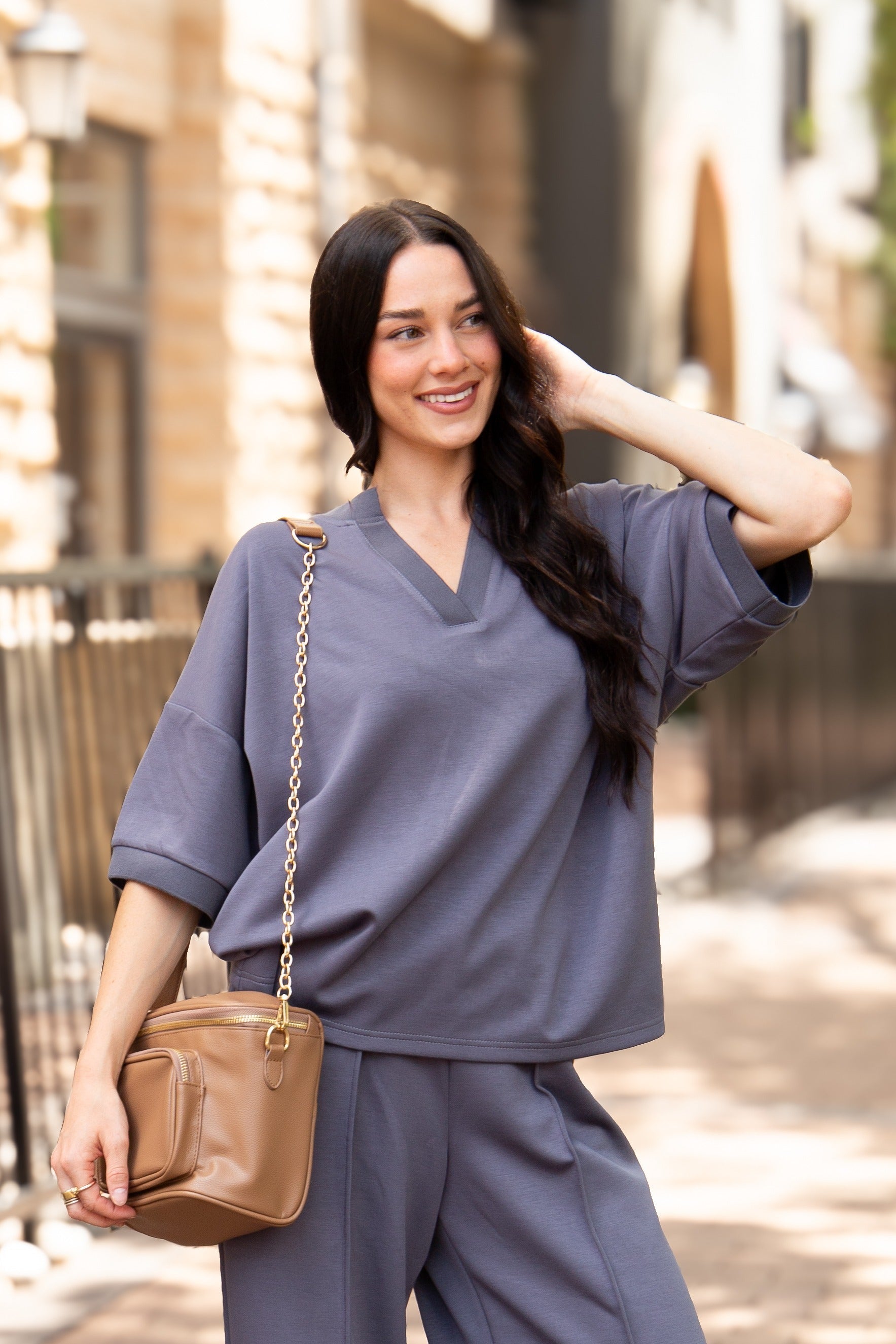 Women's Slate Blue Butter Soft V-Neck Top | Drawstring Waist | Ribbed Detail | 55% Rayon