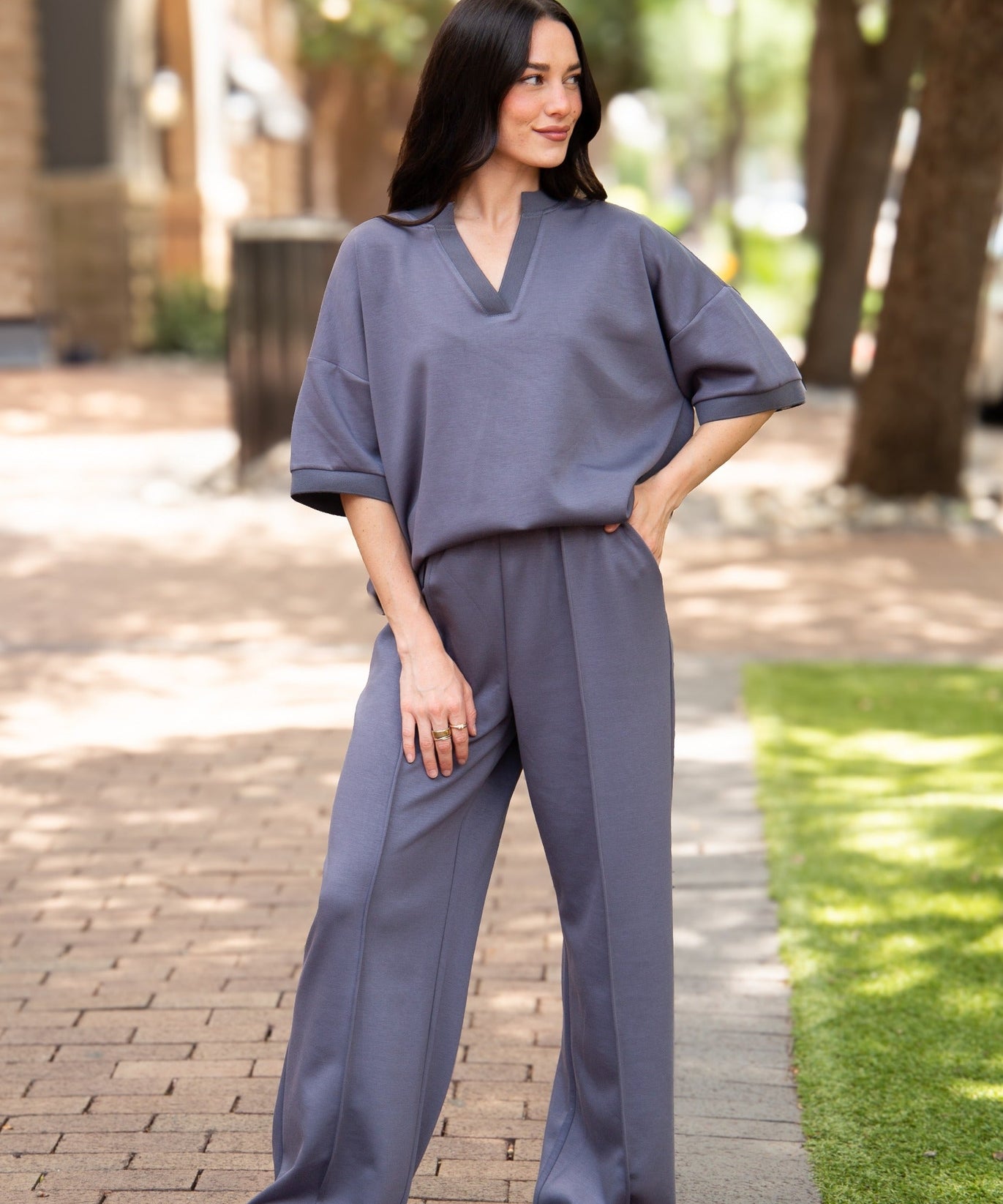 Women's Slate Blue Butter Soft V-Neck Top | Drawstring Waist | Ribbed Detail | 55% Rayon