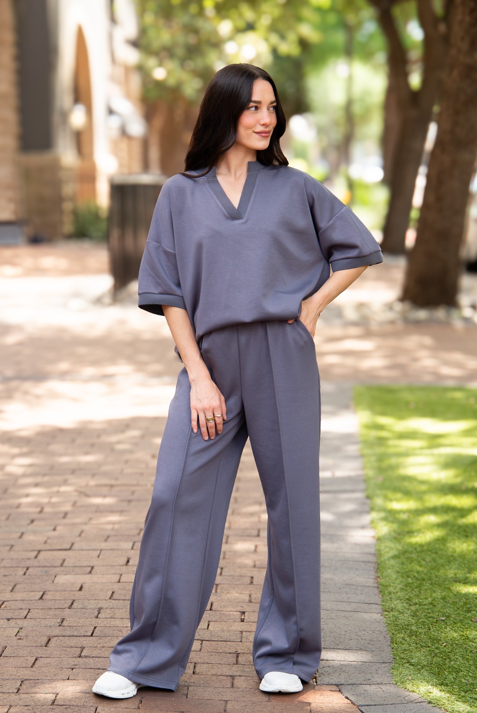 Women's Slate Blue Butter Soft V-Neck Top | Drawstring Waist | Ribbed Detail | 55% Rayon