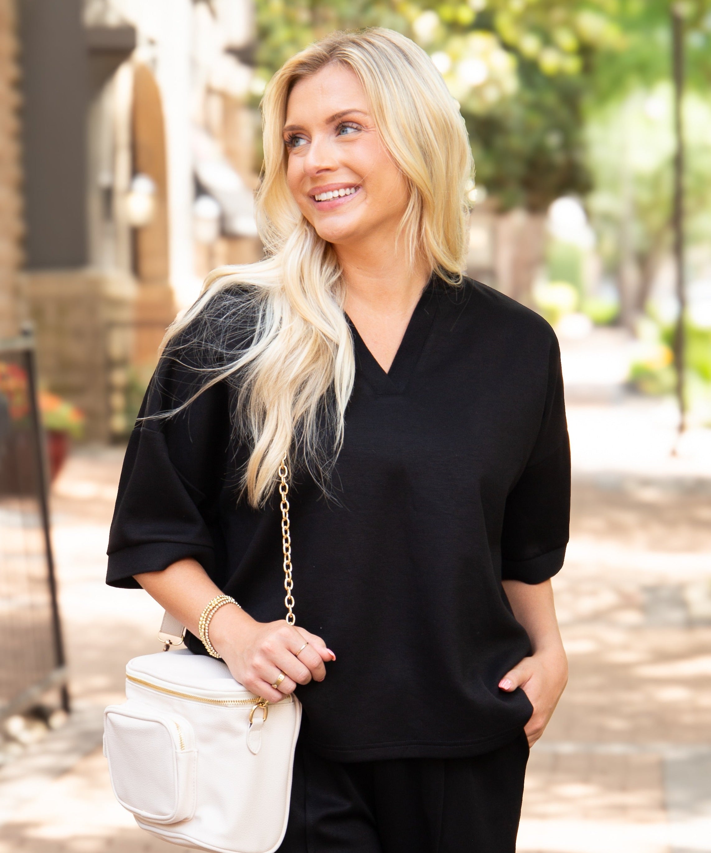 Butter Soft V-Neck Top for Women – Relaxed Fit, Drawstring Waist, Black