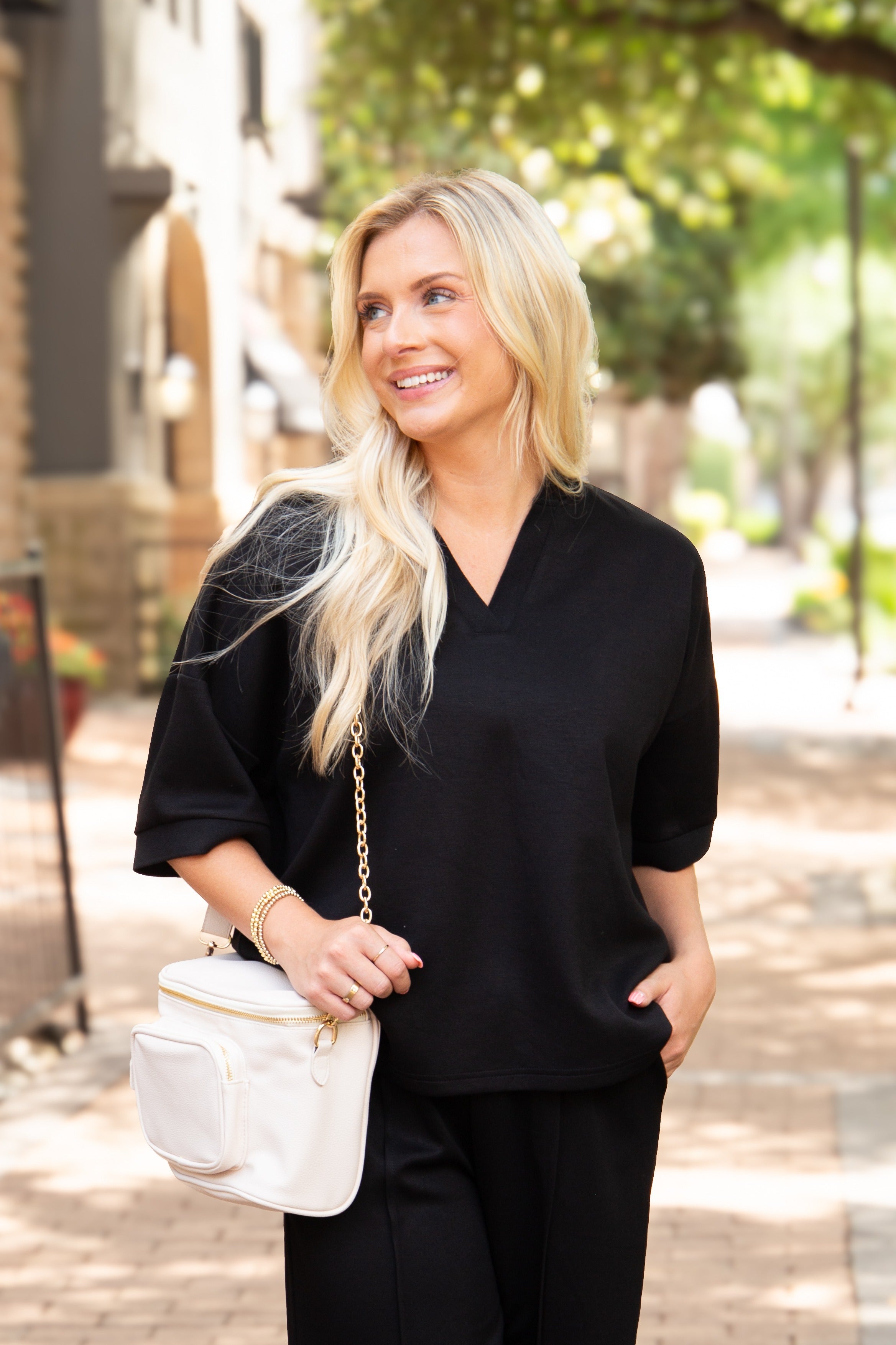 Butter Soft V-Neck Top for Women – Relaxed Fit, Drawstring Waist, Black
