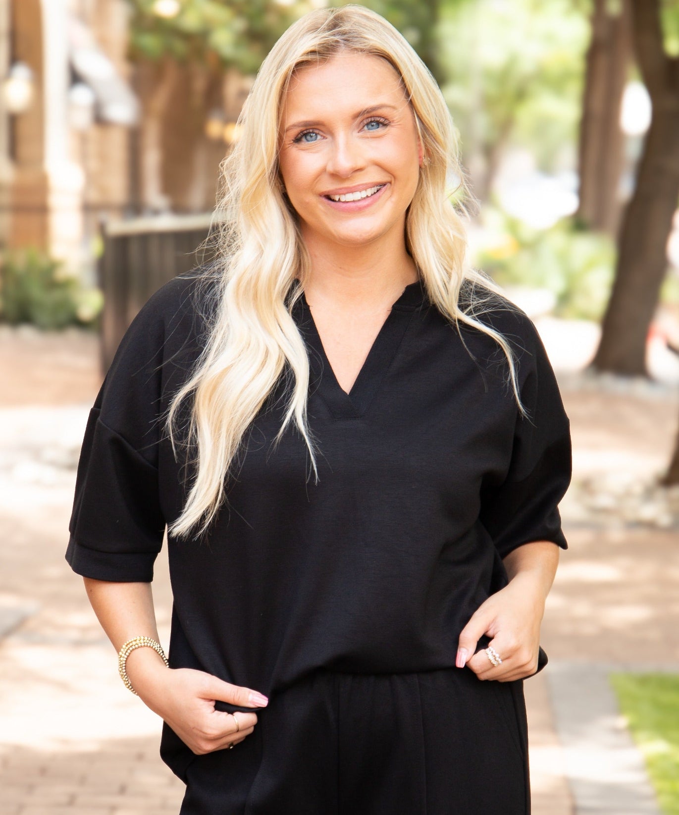 Butter Soft V-Neck Top for Women – Relaxed Fit, Drawstring Waist, Black