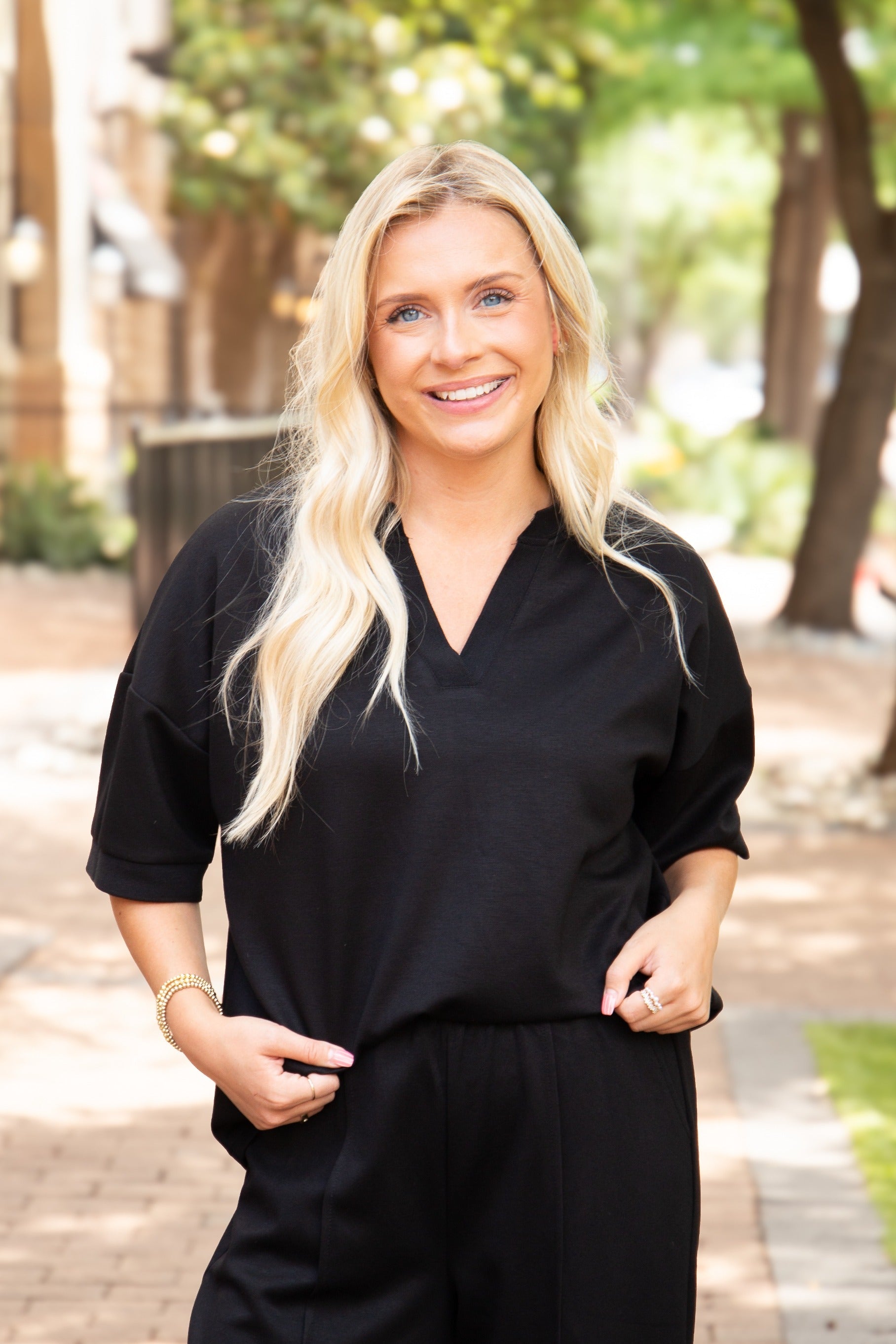 Butter Soft V-Neck Top for Women – Relaxed Fit, Drawstring Waist, Black