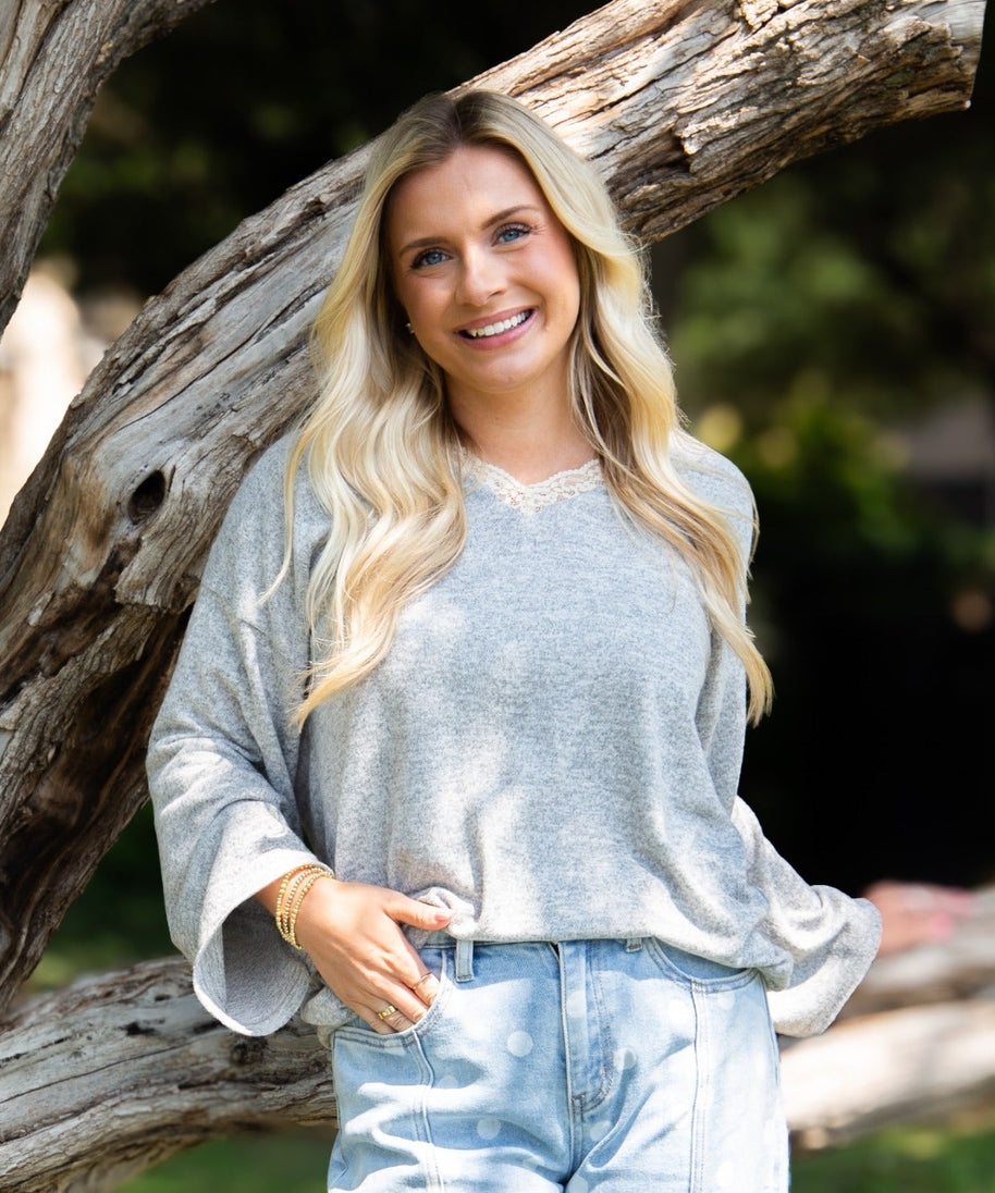 Women's Grey Lace Trim V-Neck Top | Oversized Fit | High Stretch | 96% Polyester
