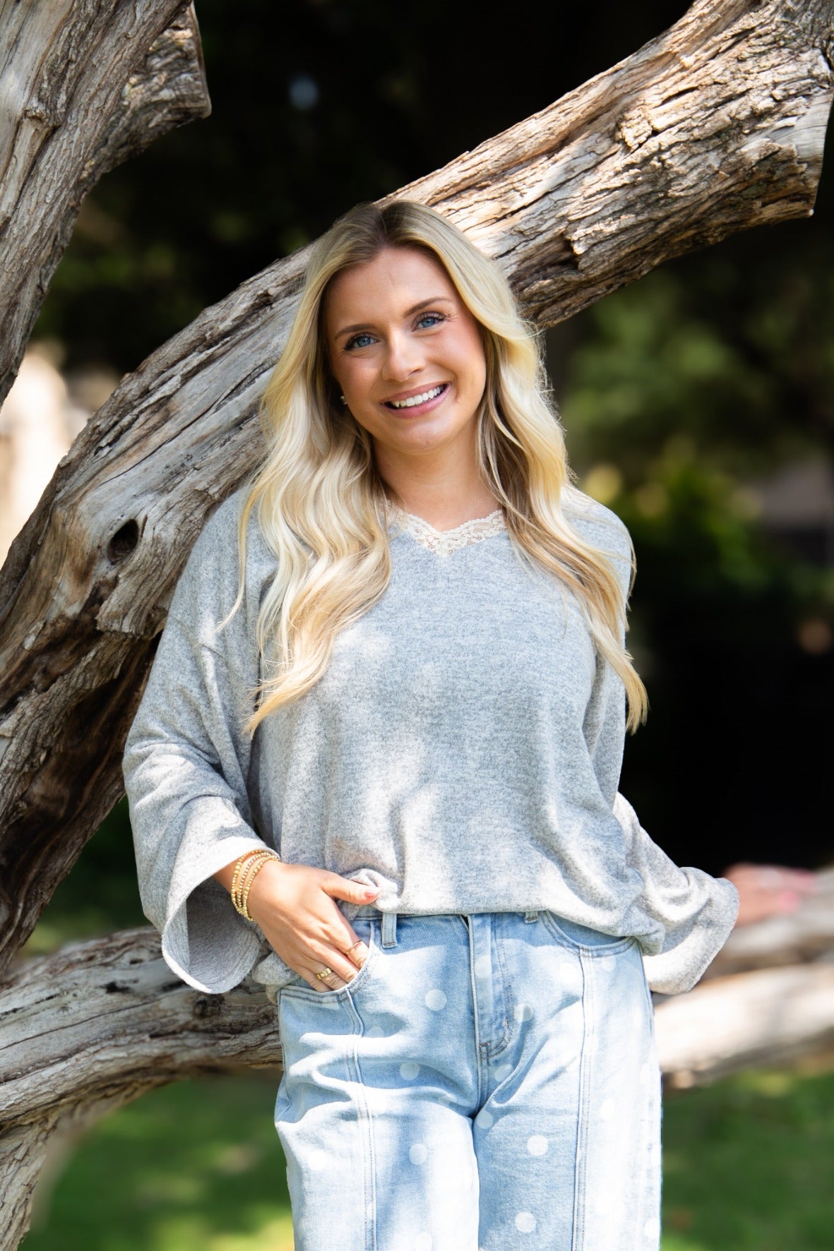 Women's Grey Lace Trim V-Neck Top | Oversized Fit | High Stretch | 96% Polyester