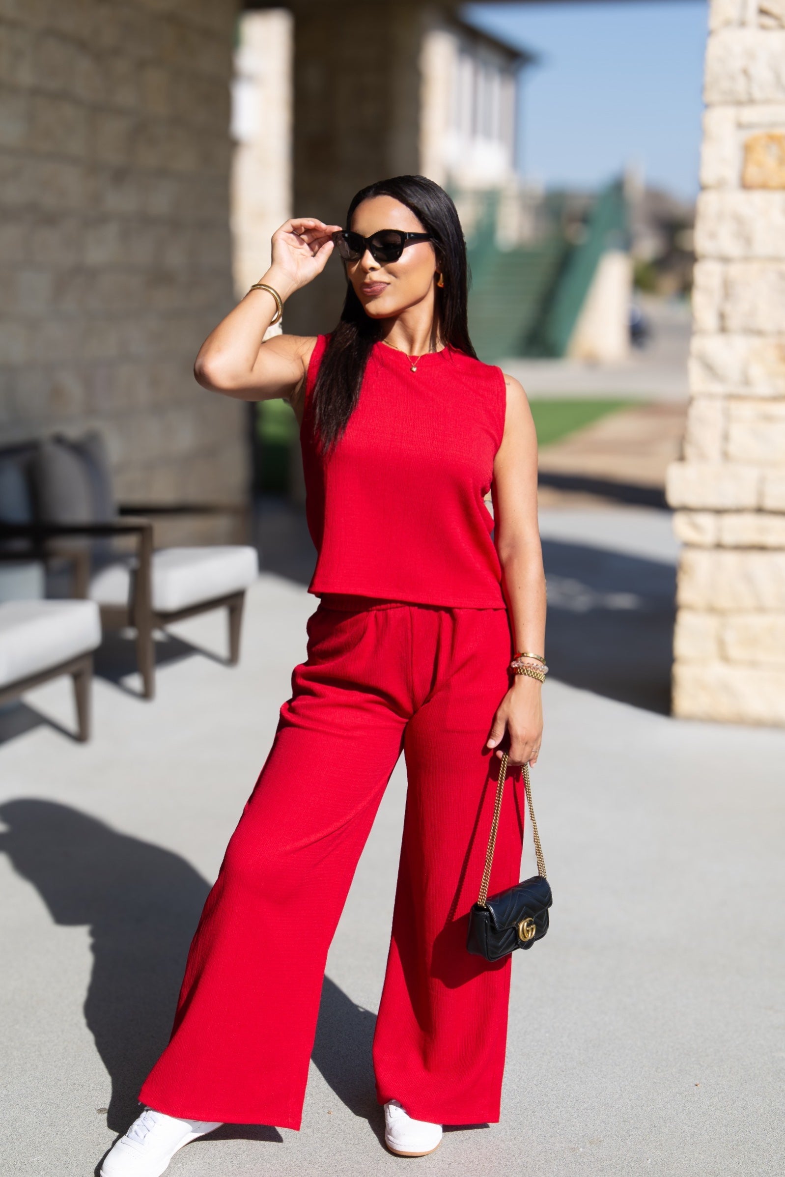 Earhart Red Textured Knit Lounge Pants – Relaxed Fit Women's Wide-Leg Pants