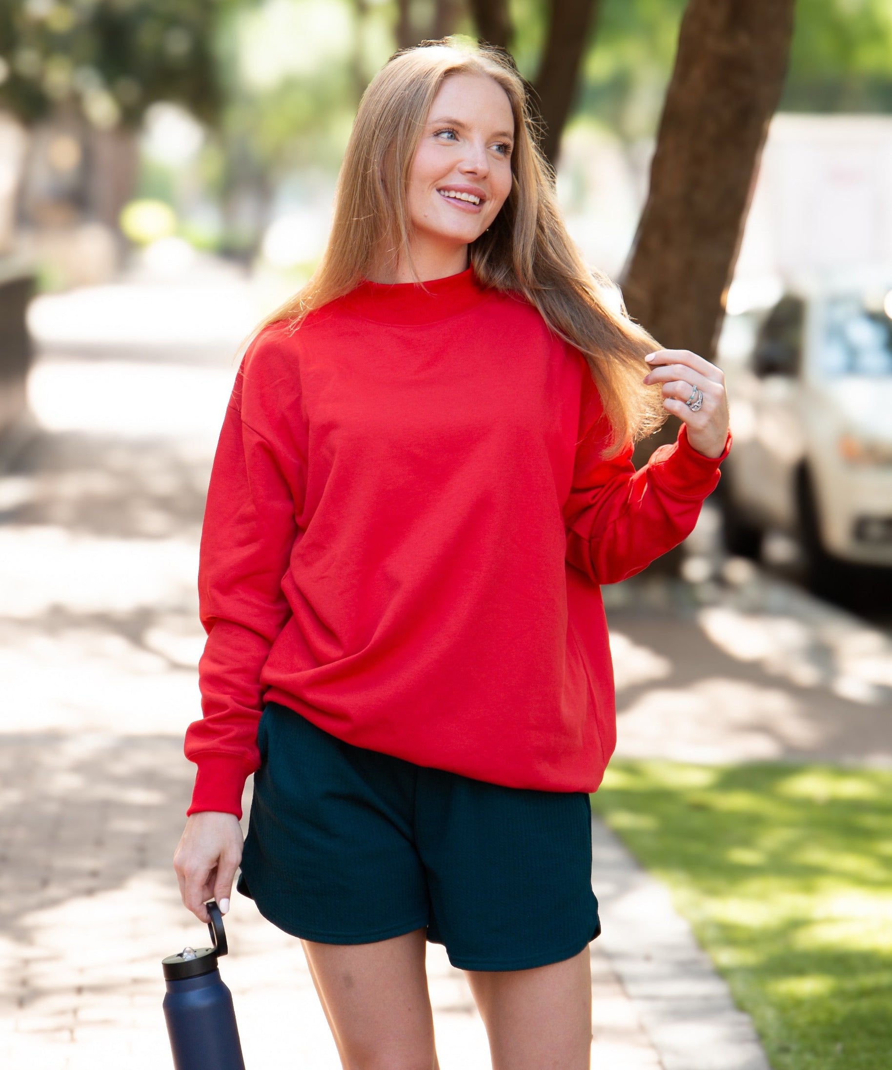 Women's Red Mock Neck Pullover Sweatshirt | Relaxed Fit | Ribbed Cuffs | 60% Cotton