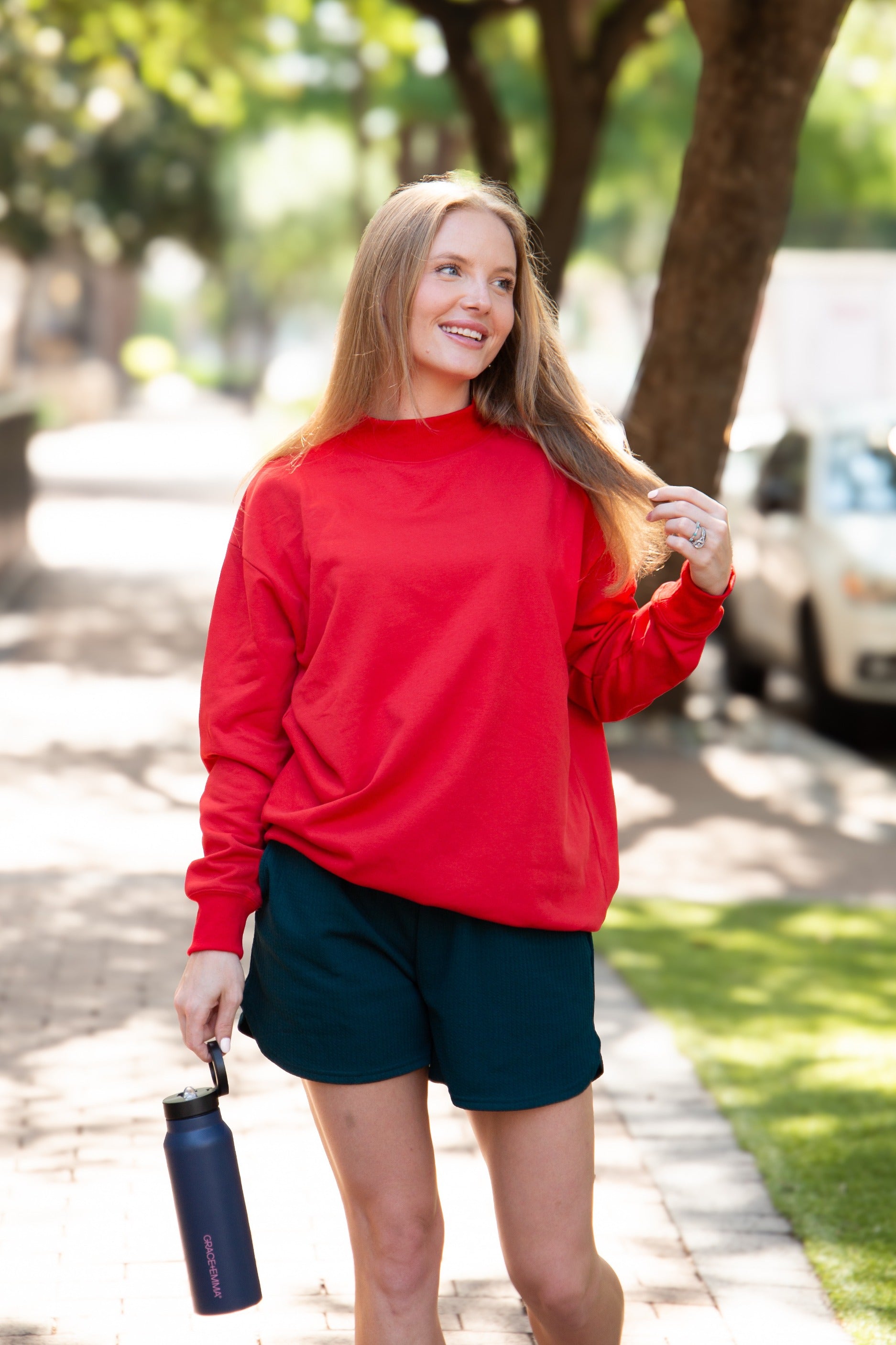 Women's Red Mock Neck Pullover Sweatshirt | Relaxed Fit | Ribbed Cuffs | 60% Cotton