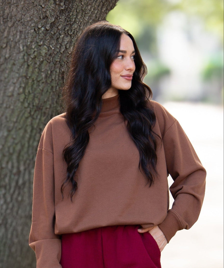 Mock Neck Sweatshirt, Brown