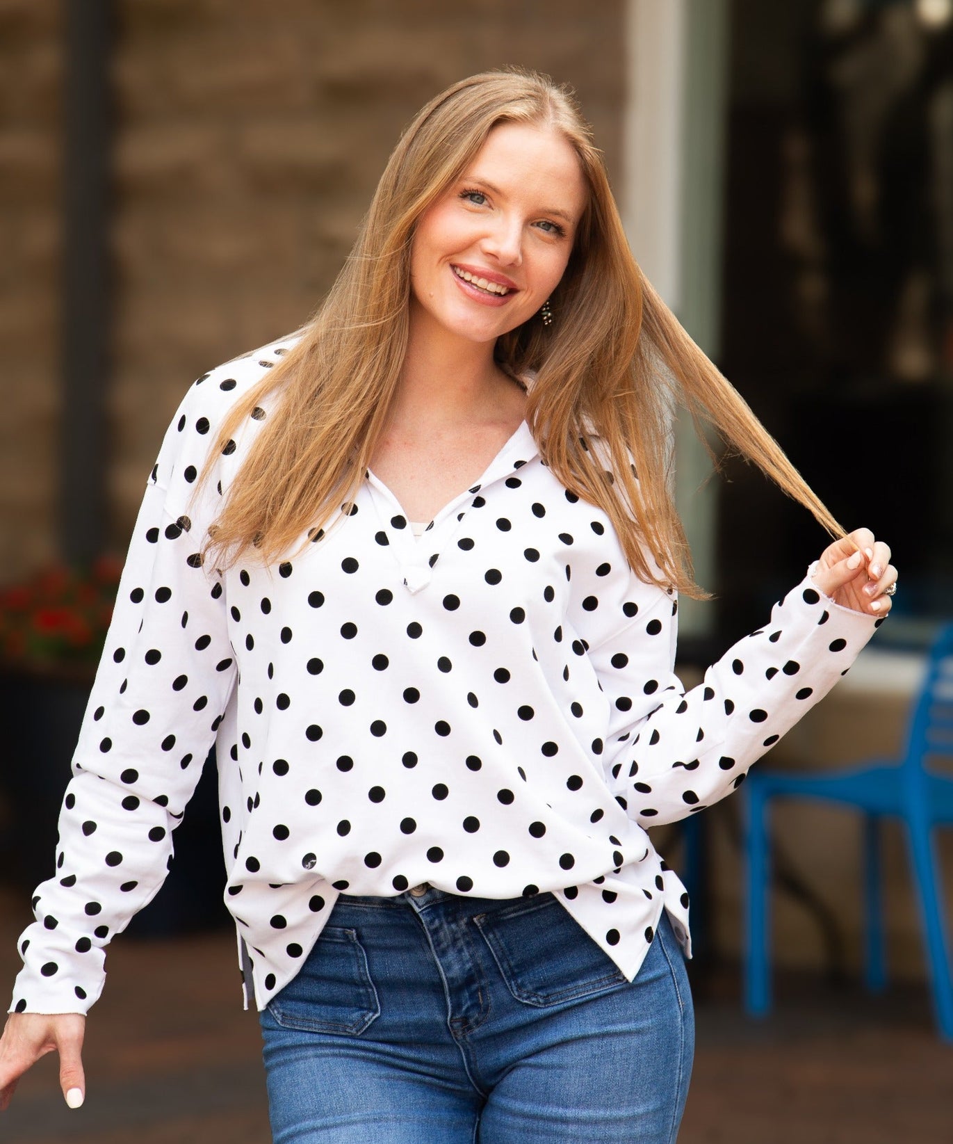 Women's Polka Dot V-Neck Collared Pullover Top | Relaxed Fit | Long Sleeve
