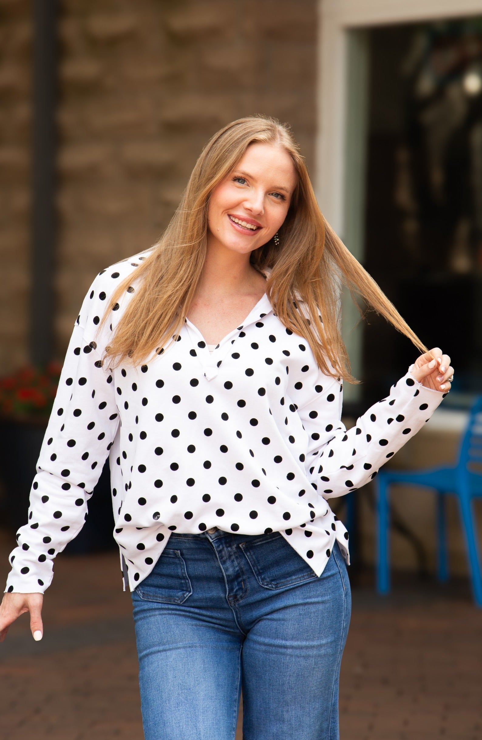 Women's Polka Dot V-Neck Collared Pullover Top | Relaxed Fit | Long Sleeve