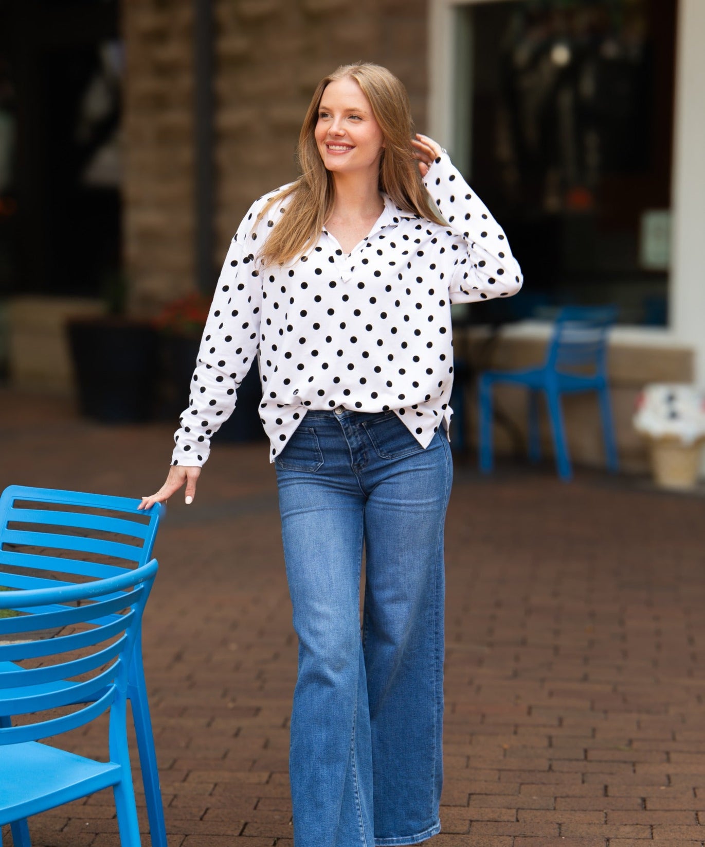 Women's Polka Dot V-Neck Collared Pullover Top | Relaxed Fit | Long Sleeve