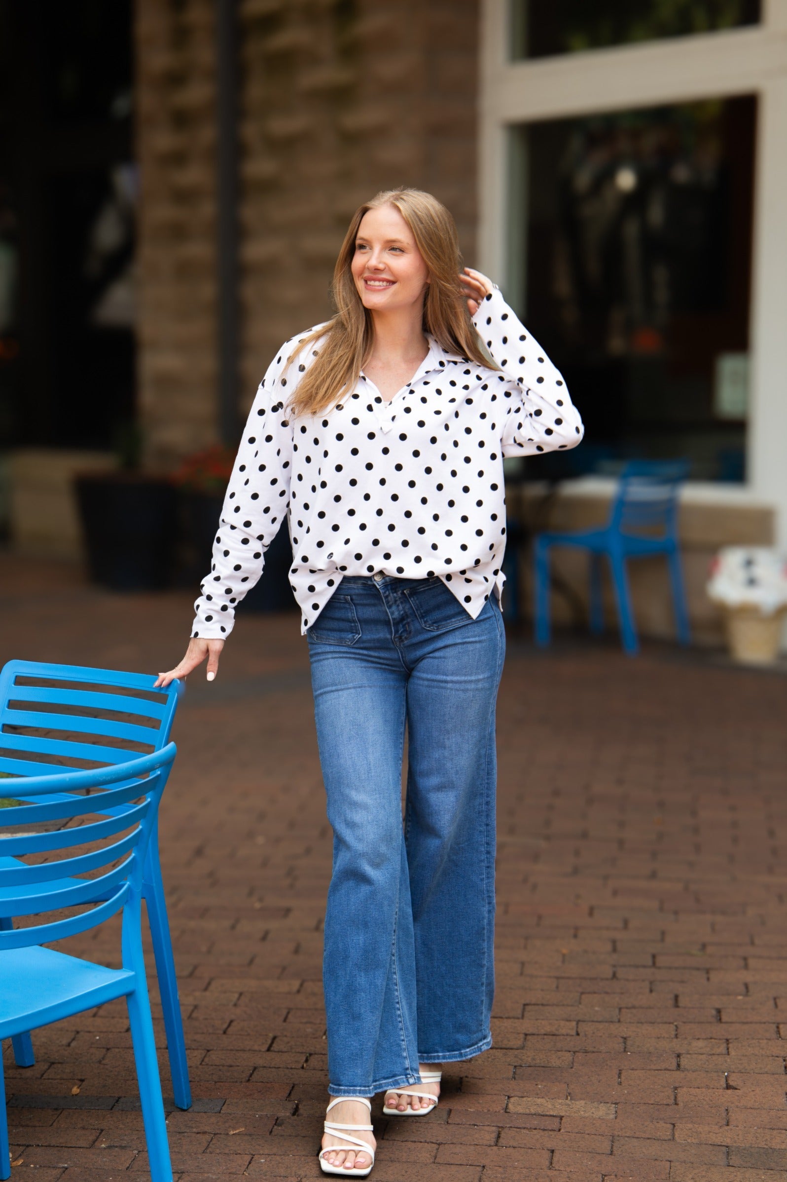 Women's Polka Dot V-Neck Collared Pullover Top | Relaxed Fit | Long Sleeve