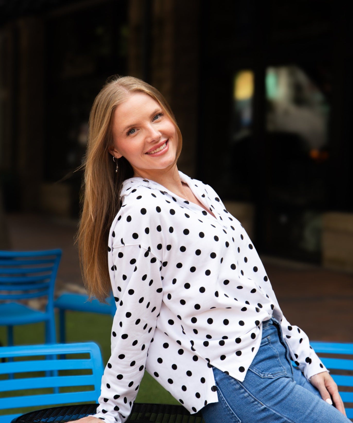 Women's Polka Dot V-Neck Collared Pullover Top | Relaxed Fit | Long Sleeve