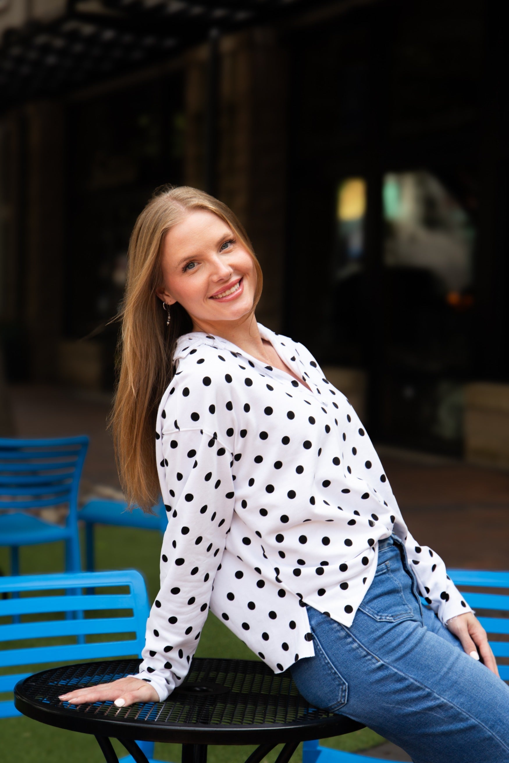 Women's Polka Dot V-Neck Collared Pullover Top | Relaxed Fit | Long Sleeve