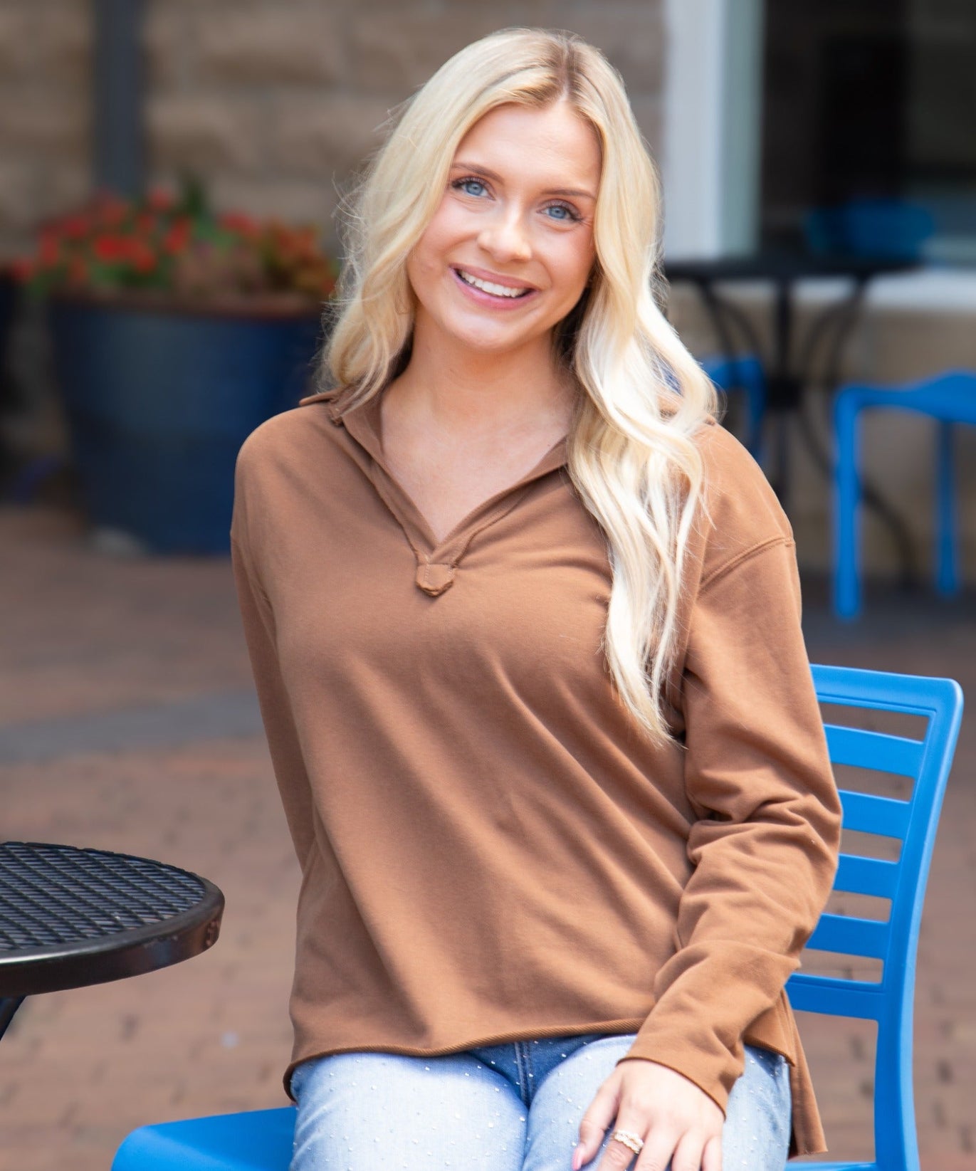 Women's Brown V-Neck Collared Pullover Top | Relaxed Fit | Long Sleeve | 87% Cotton