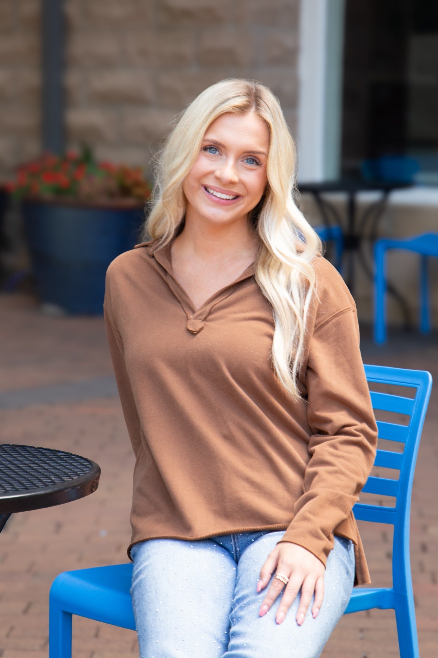 Women's Brown V-Neck Collared Pullover Top | Relaxed Fit | Long Sleeve | 87% Cotton
