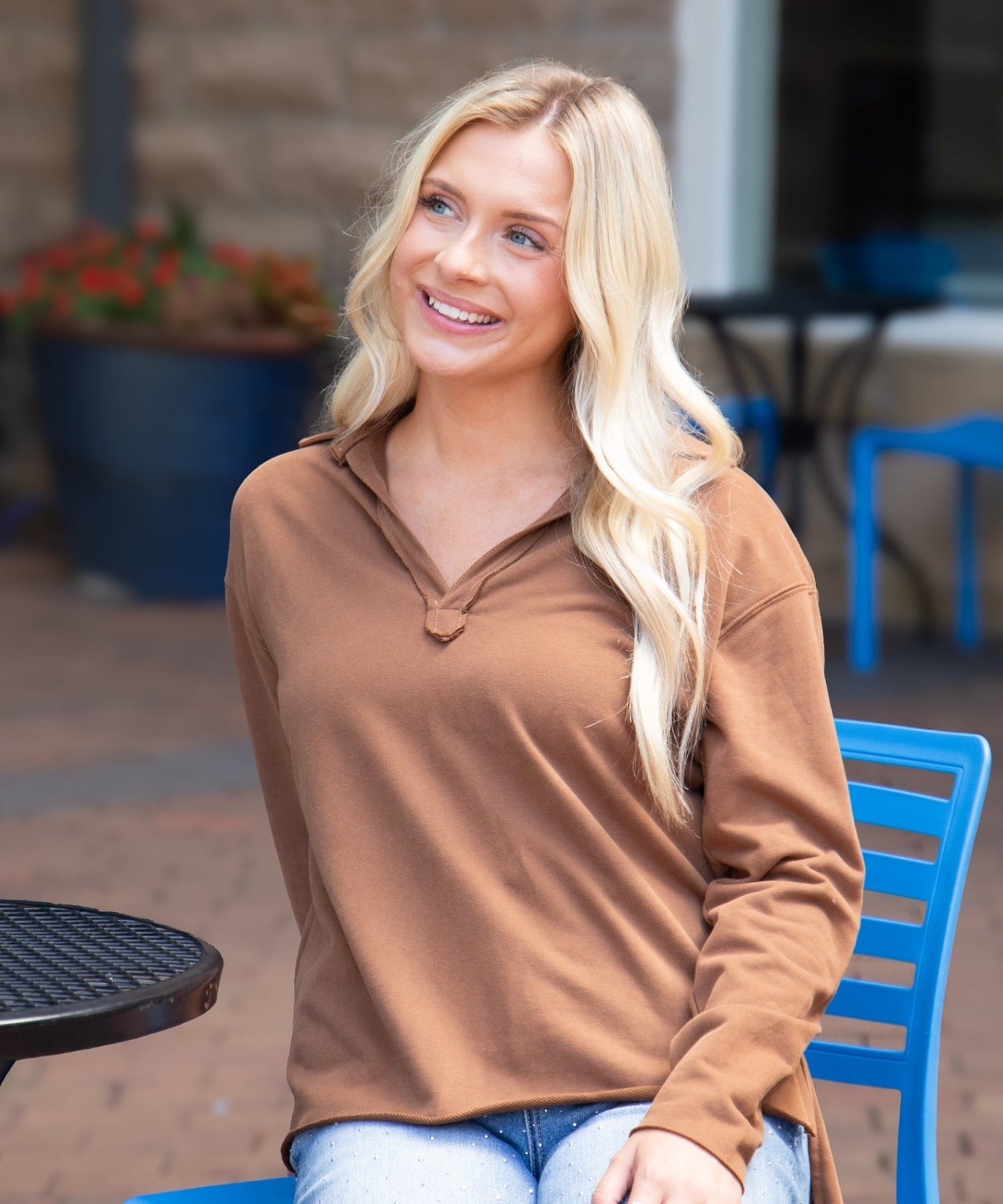 Women's Brown V-Neck Collared Pullover Top | Relaxed Fit | Long Sleeve | 87% Cotton