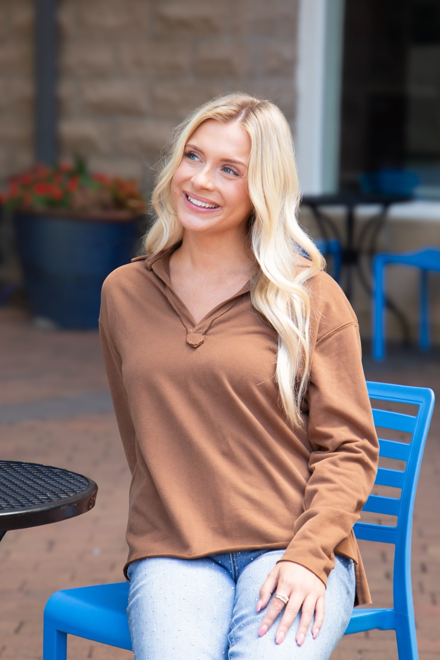 Women's Brown V-Neck Collared Pullover Top | Relaxed Fit | Long Sleeve | 87% Cotton