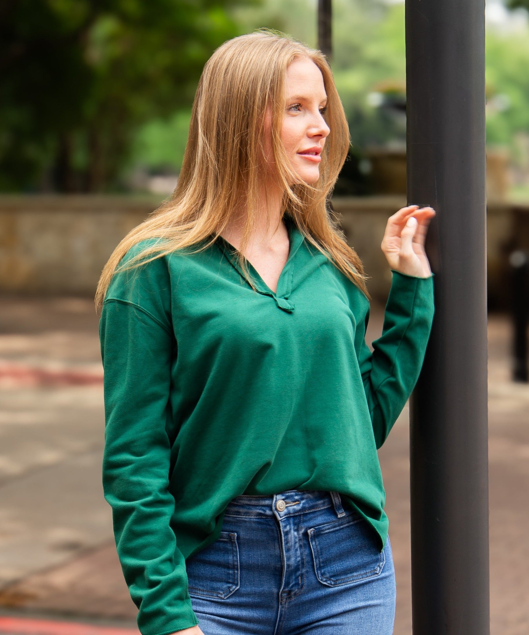 Women's Green V-Neck Collared Pullover Top | Relaxed Fit | Long Sleeve | 87% Cotton