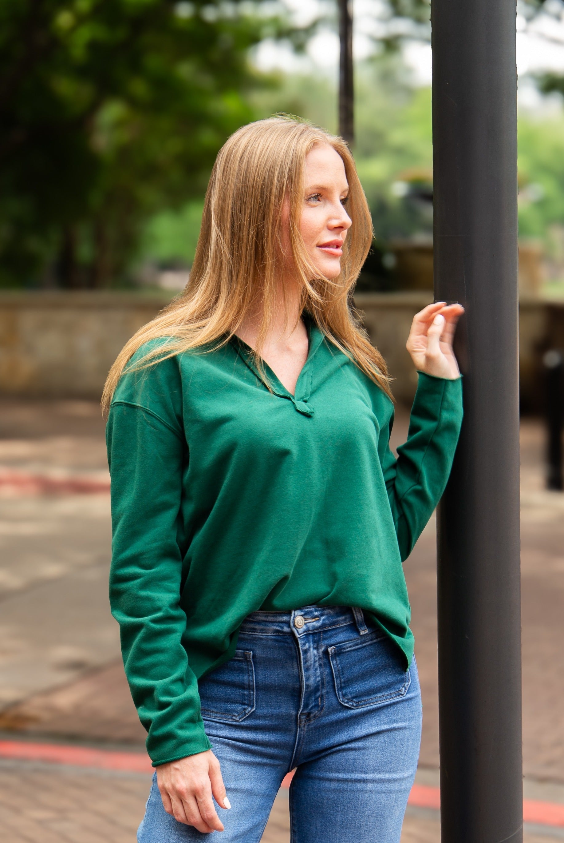 Women's Green V-Neck Collared Pullover Top | Relaxed Fit | Long Sleeve | 87% Cotton