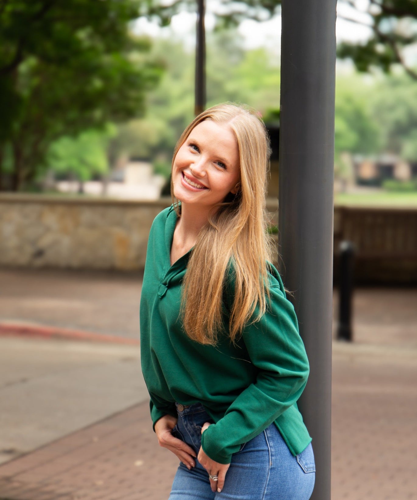 Women's Green V-Neck Collared Pullover Top | Relaxed Fit | Long Sleeve | 87% Cotton