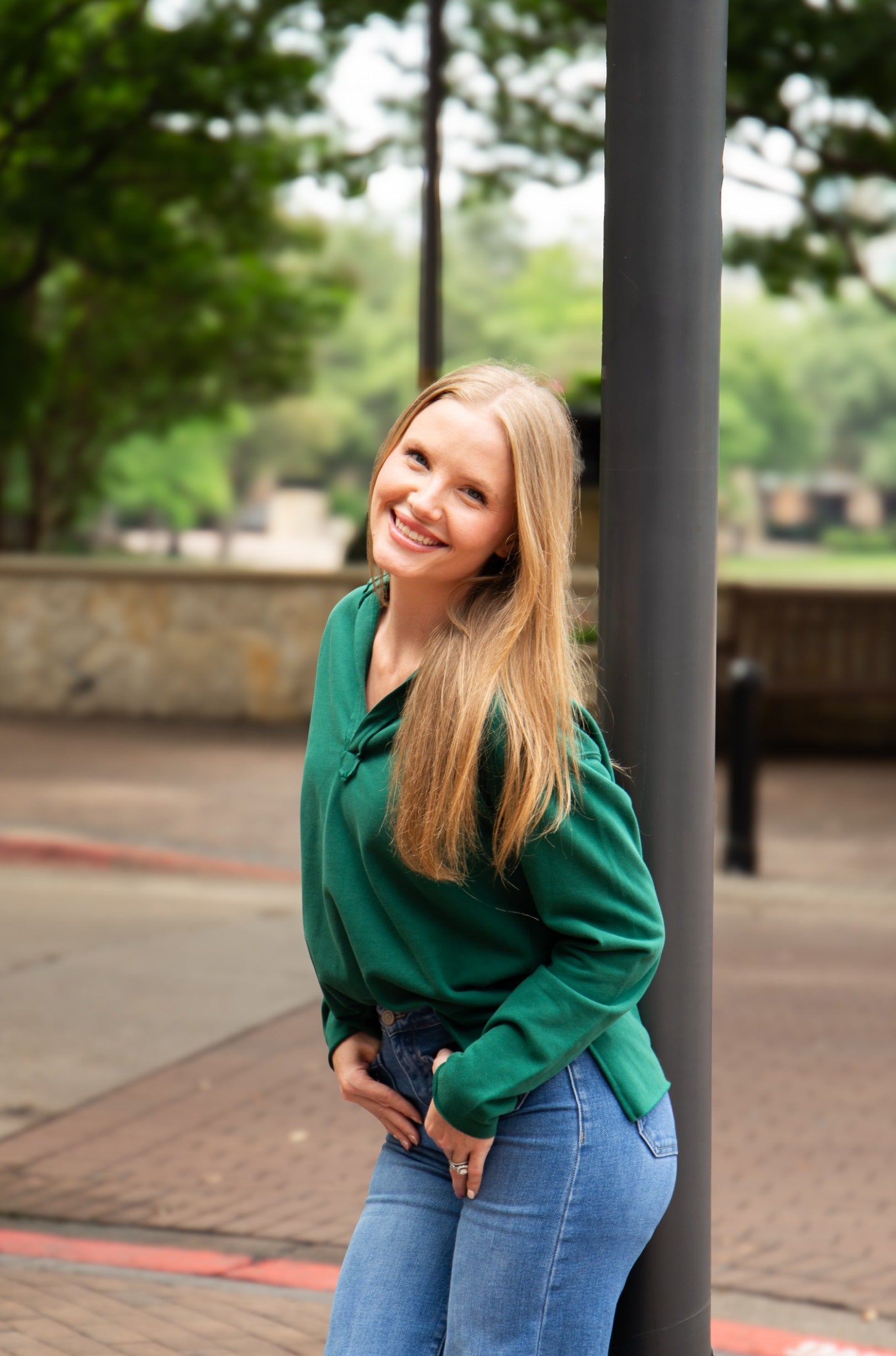 Women's Green V-Neck Collared Pullover Top | Relaxed Fit | Long Sleeve | 87% Cotton